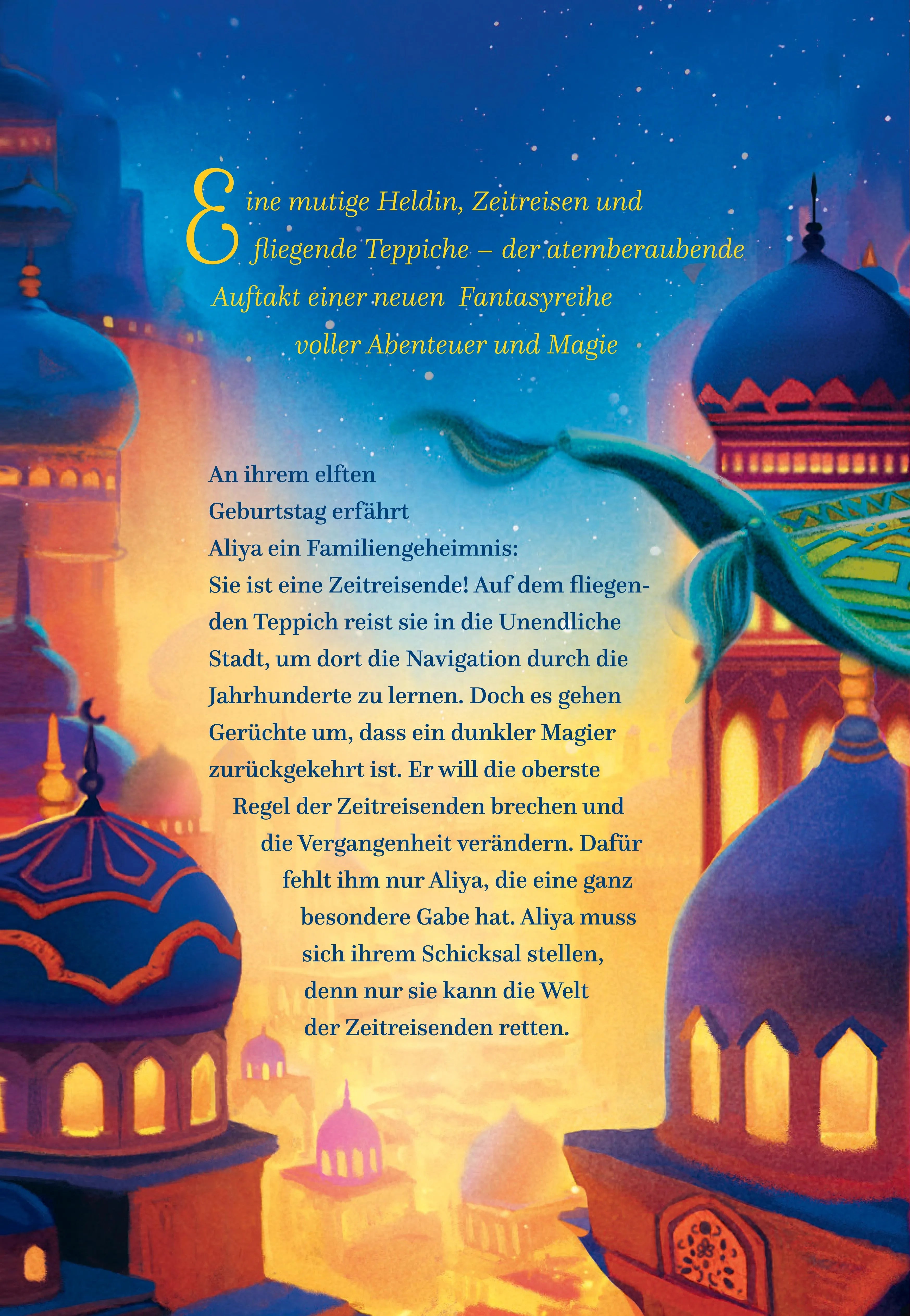 Buchrückseite von 'Aliya und die Unendliche Stadt 1' mit Klappentext - Gebundene Ausgabe