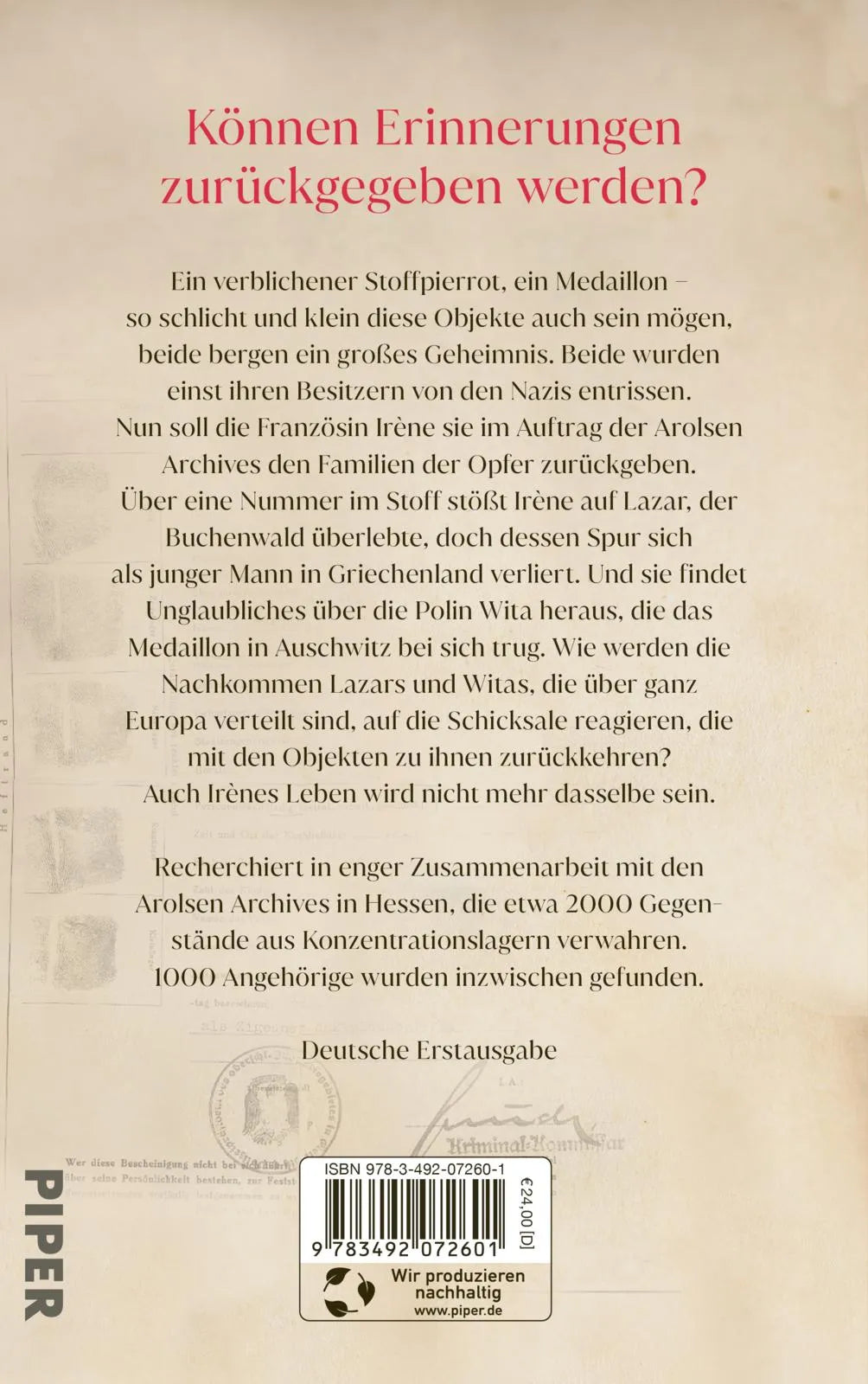 Buchrückseite von 'All die gestohlenen Erinnerungen' mit Klappentext - Gebundene Ausgabe