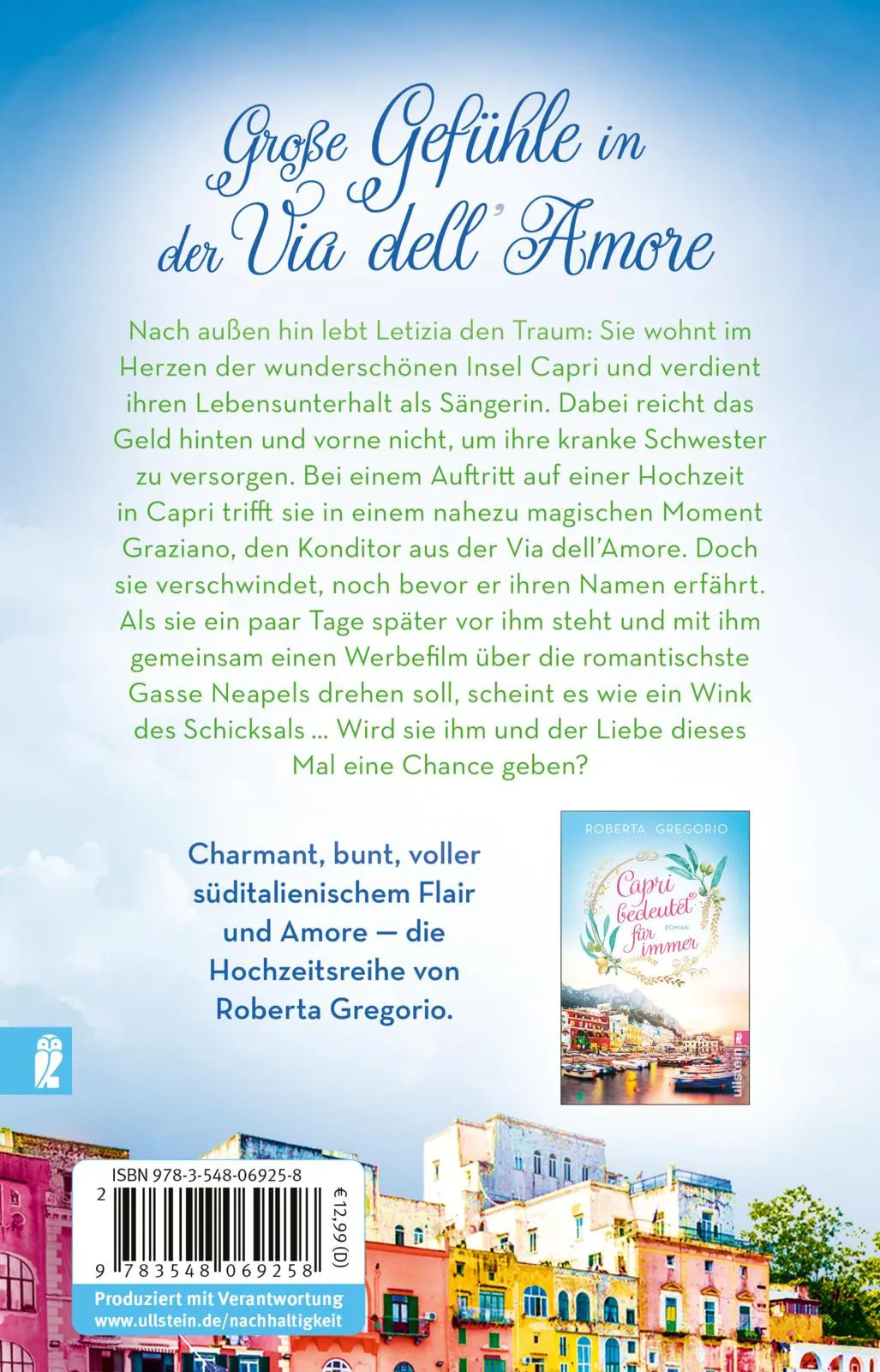 Buchrückseite von 'Alles Glück beginnt auf Capri' mit Klappentext - Taschenbuch