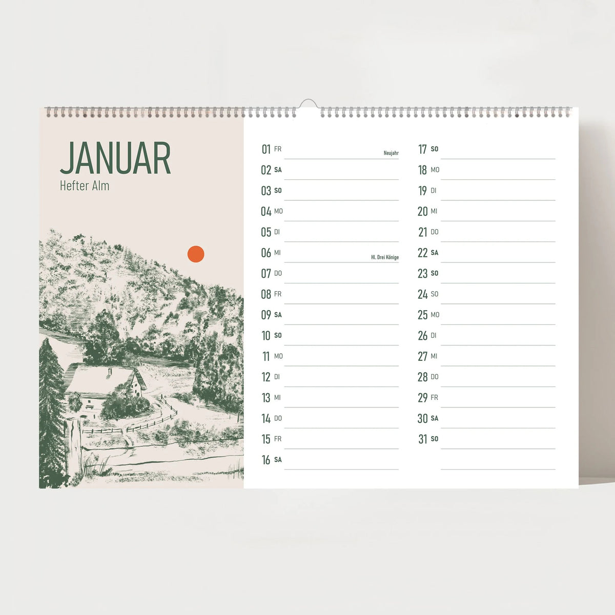 Alm Kalender 2027 – Chiemgauer Alpen | Handgezeichneter Wandkalender mit 12 Almen | Illustrativer Monatskalender, A4 quer – Ansicht