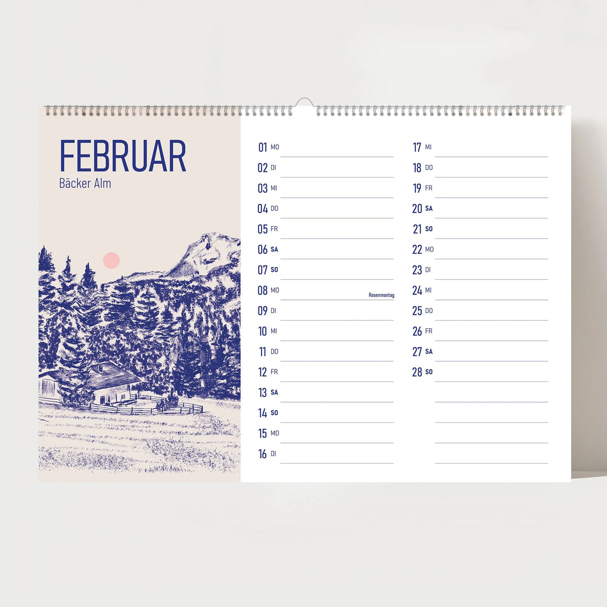 Alm Kalender 2027 – Chiemgauer Alpen | Handgezeichneter Wandkalender mit 12 Almen | Illustrativer Monatskalender, A4 quer – Ansicht