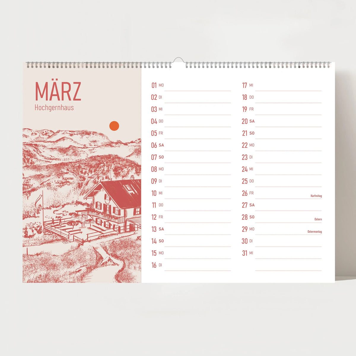 Alm Kalender 2027 – Chiemgauer Alpen | Handgezeichneter Wandkalender mit 12 Almen | Illustrativer Monatskalender, A4 quer – Ansicht