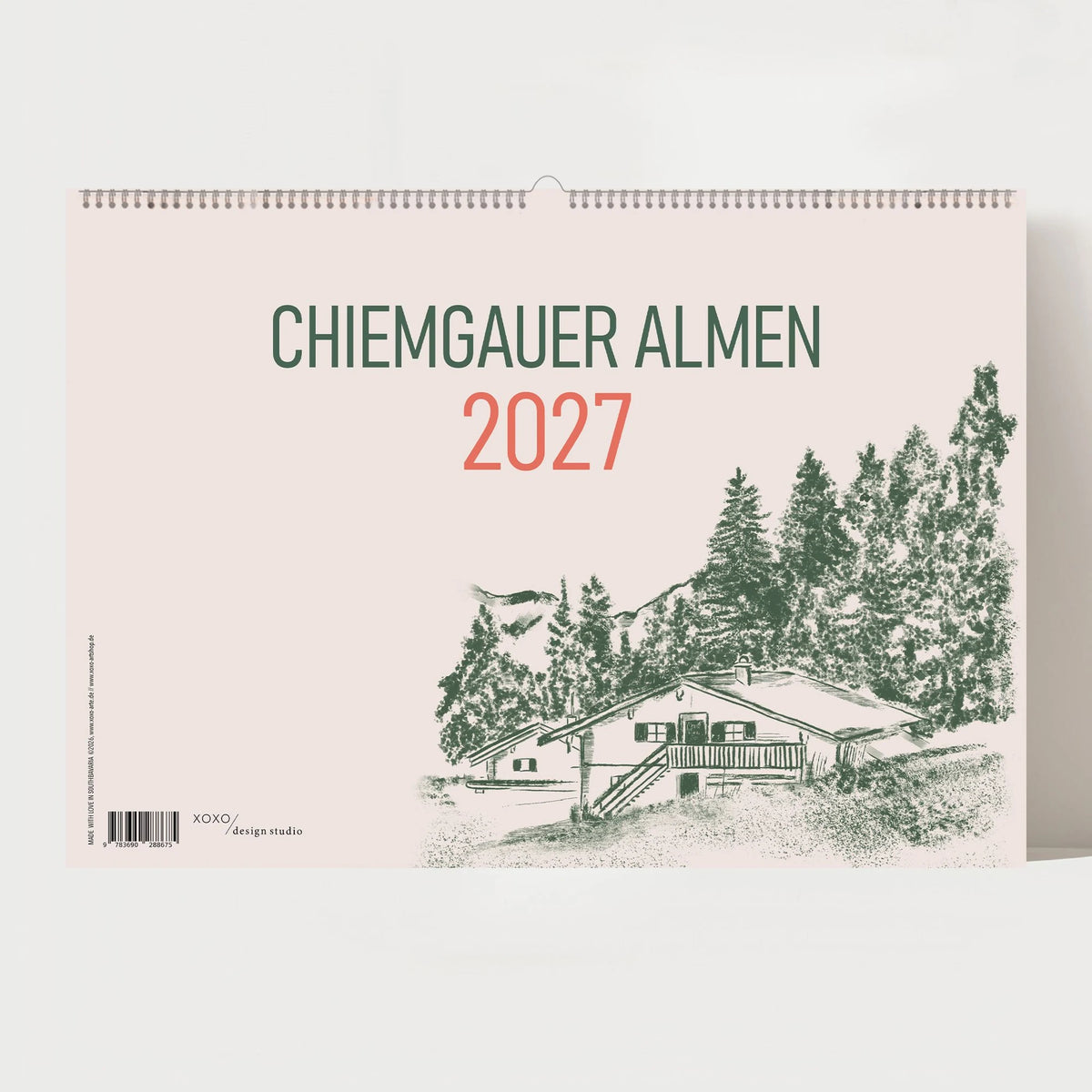 Wandkalender: Alm Kalender 2027 – Chiemgauer Alpen | Handgezeichneter Wandkalender mit 12 Almen | Illustrativer Monatskalender, A4 quer
