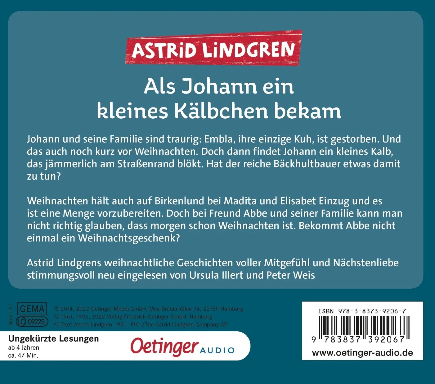 Buchrückseite von 'Als Johann ein kleines Kälbchen bekam' mit Klappentext - Hörbuch (CD)
