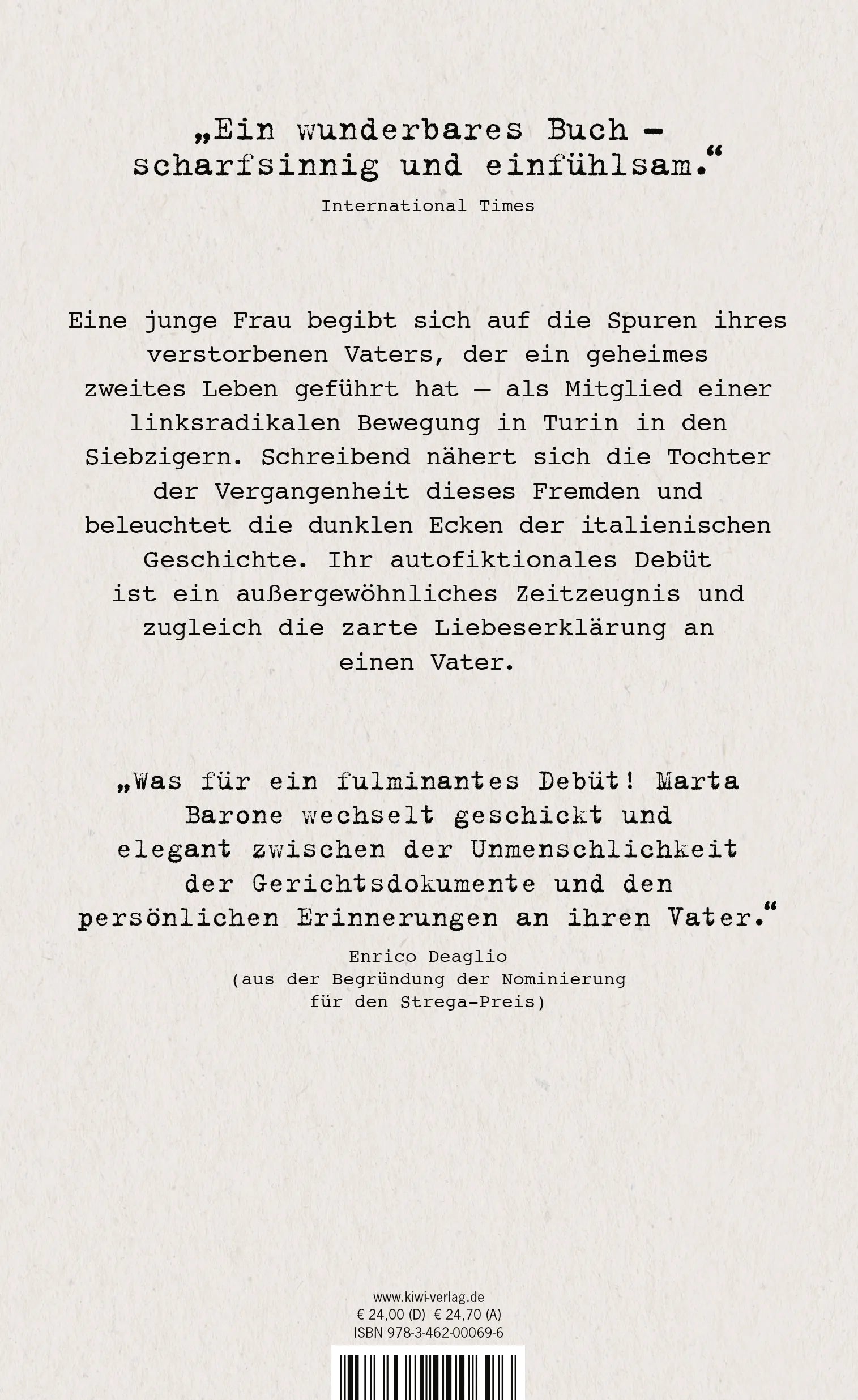 Buchrückseite von 'Als mein Vater in den Straßen von Turin verschwand' mit Klappentext - Gebundene Ausgabe