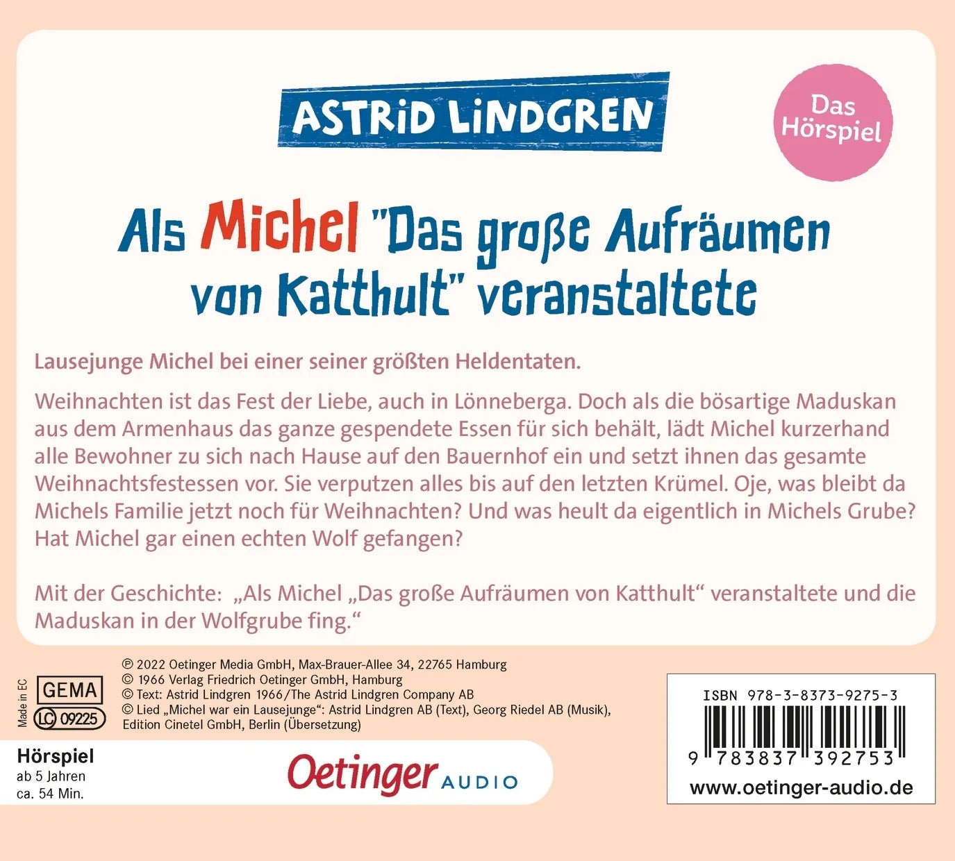 Buchrückseite von 'Als Michel "Das große Aufräumen von Katthult" veranstaltete. Das Hörspiel' mit Klappentext - Hörbuch (CD)