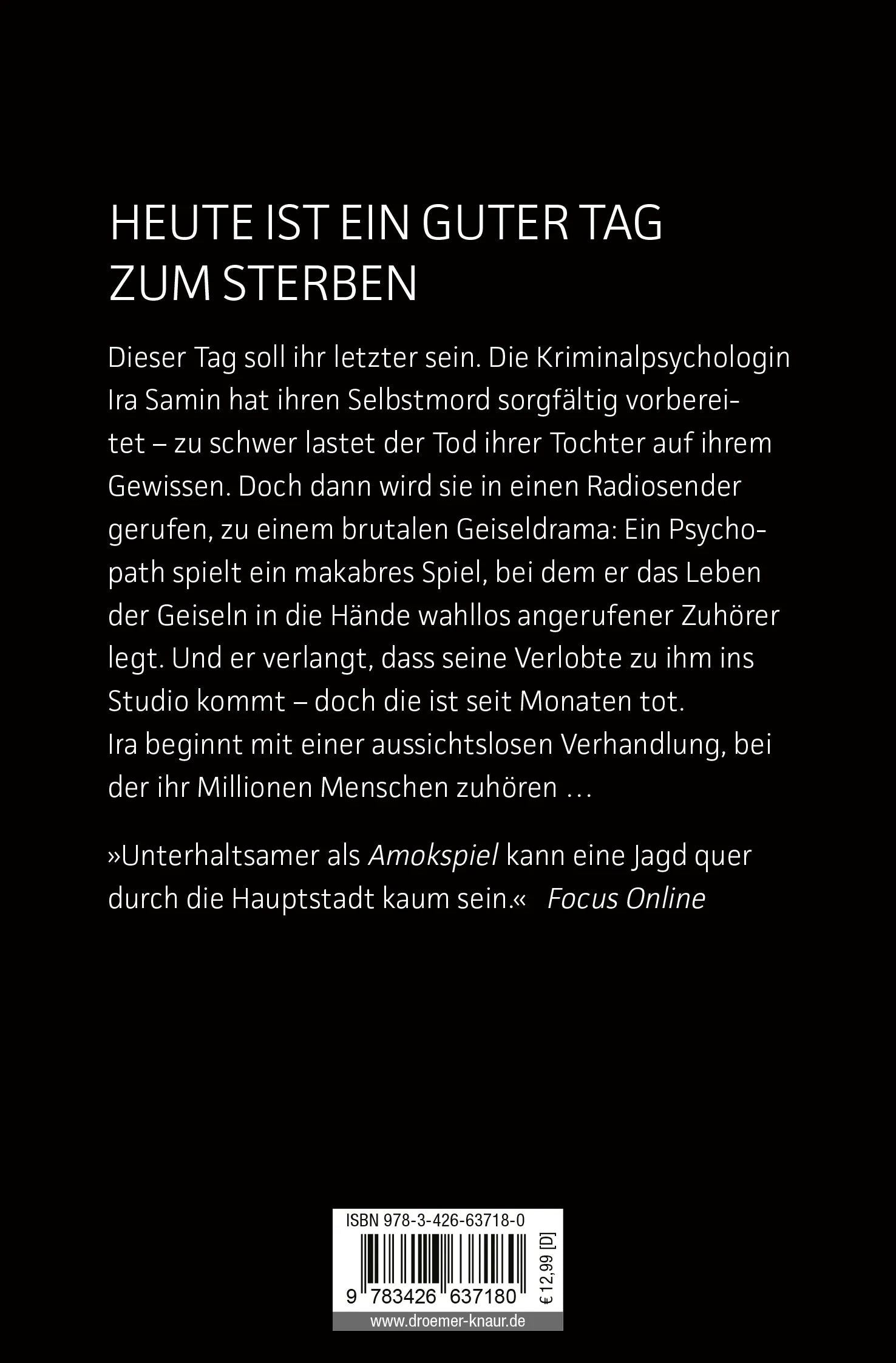 Buchrückseite von 'Amokspiel' mit Klappentext - Taschenbuch