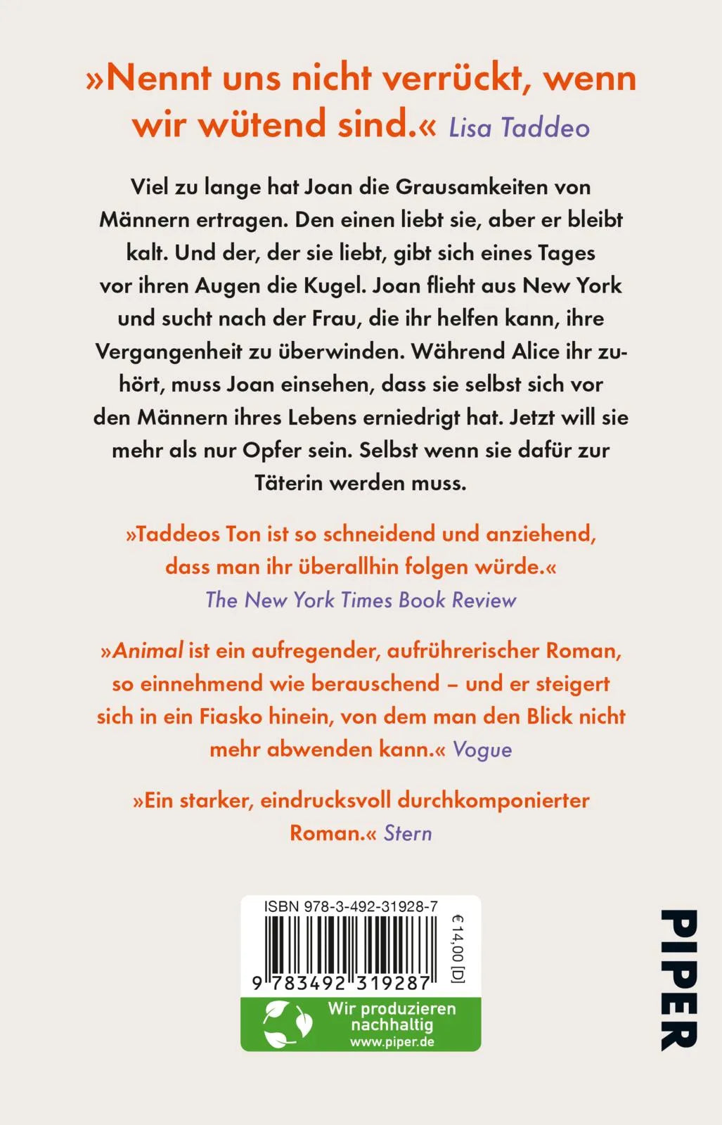 Buchrückseite von 'Animal' mit Klappentext - Taschenbuch
