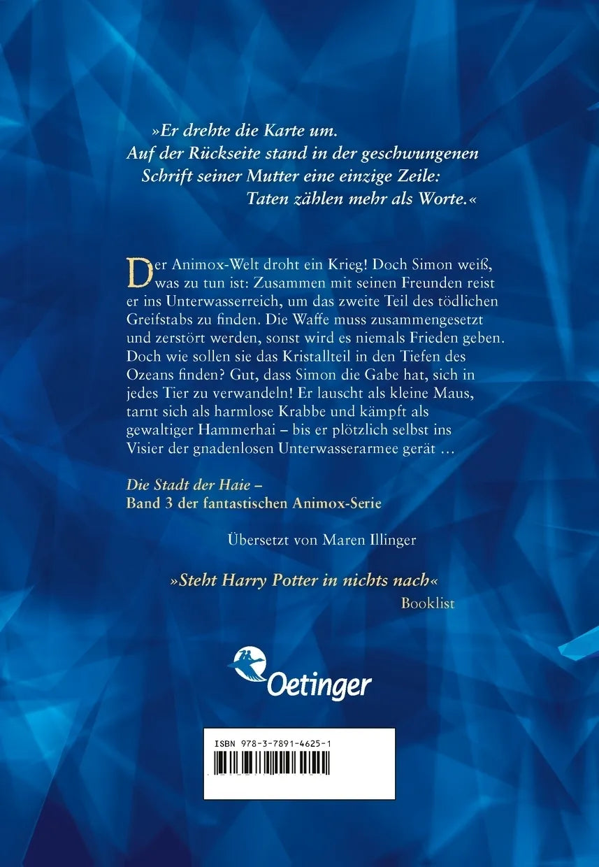 Buchrückseite von 'Animox 3. Die Stadt der Haie' mit Klappentext - Gebundene Ausgabe