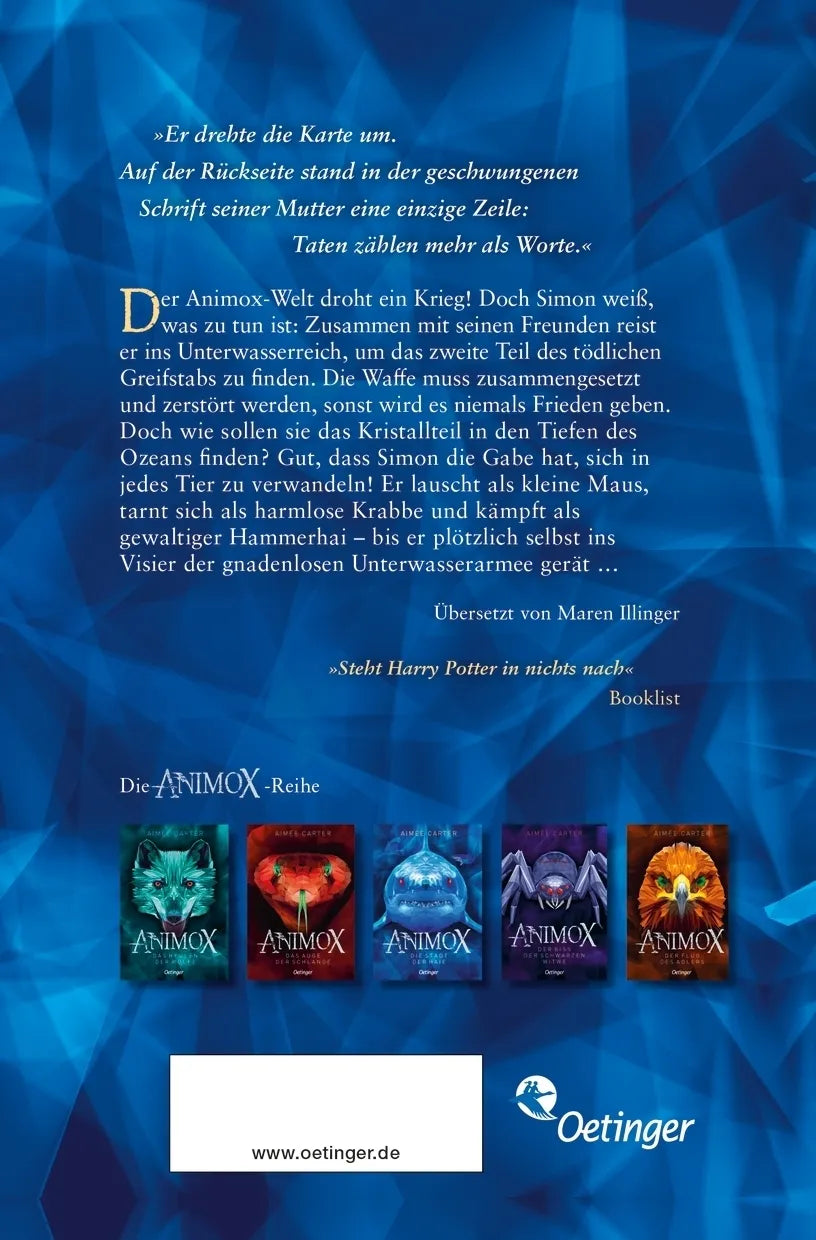Buchrückseite von 'Animox 3. Die Stadt der Haie' mit Klappentext - Taschenbuch