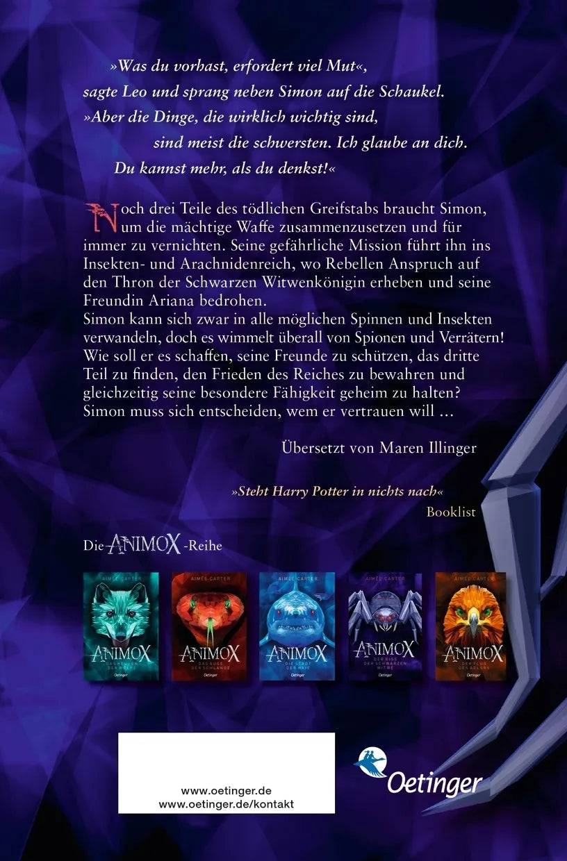 Buchrückseite von 'Animox 4. Der Biss der Schwarzen Witwe' mit Klappentext - Taschenbuch