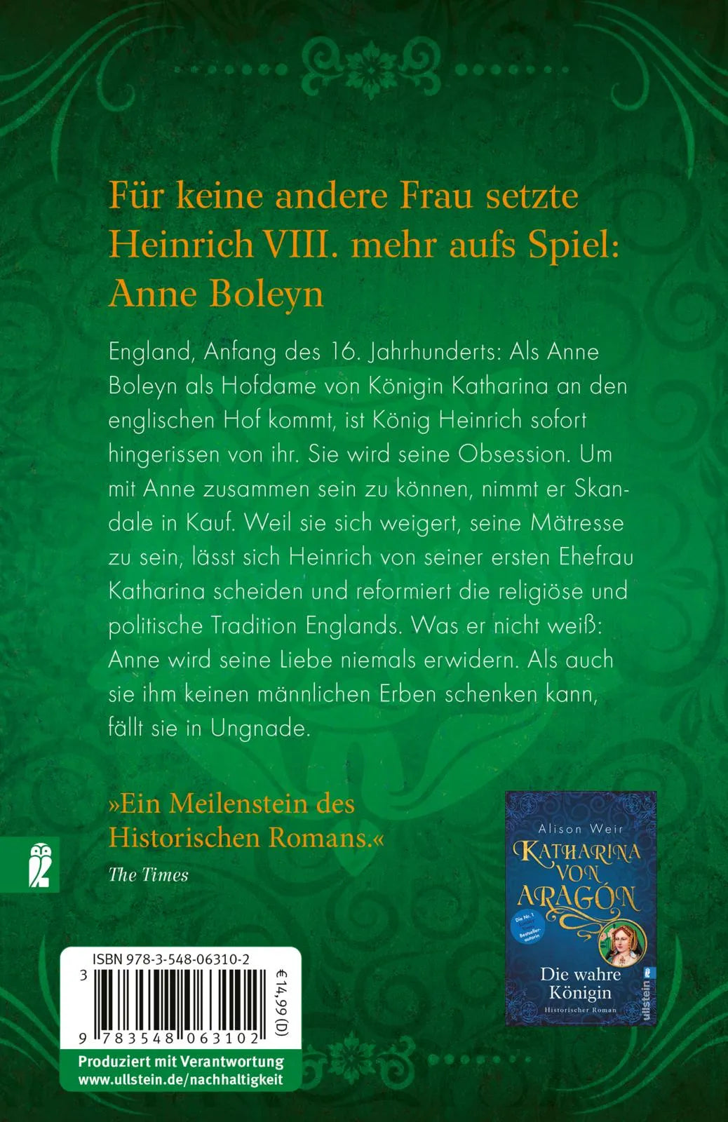 Buchrückseite von 'Anne Boleyn' mit Klappentext - Taschenbuch