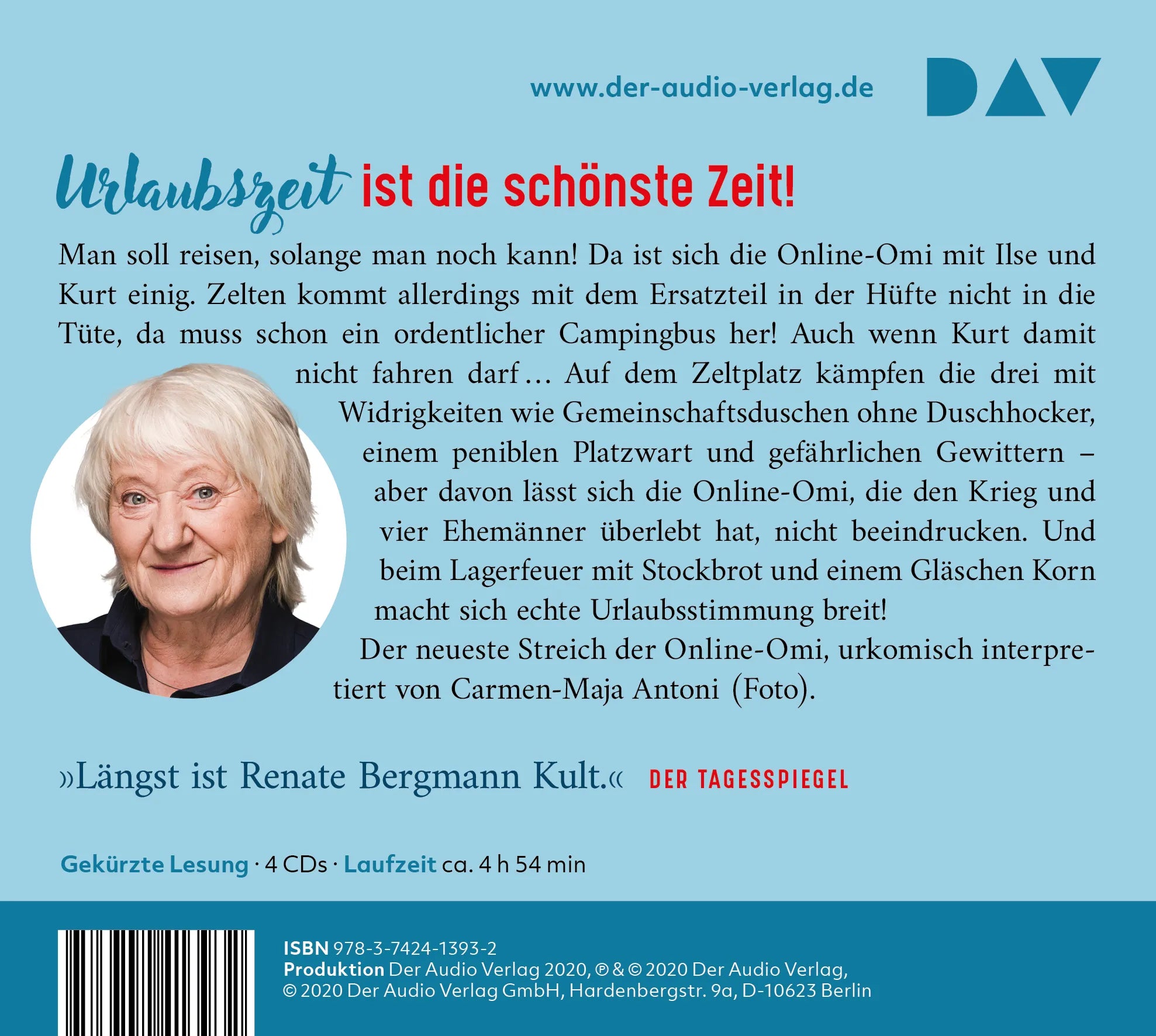 Buchrückseite von 'Ans Vorzelt kommen Geranien dran. Die Online-Omi geht campen' mit Klappentext - Hörbuch (CD)