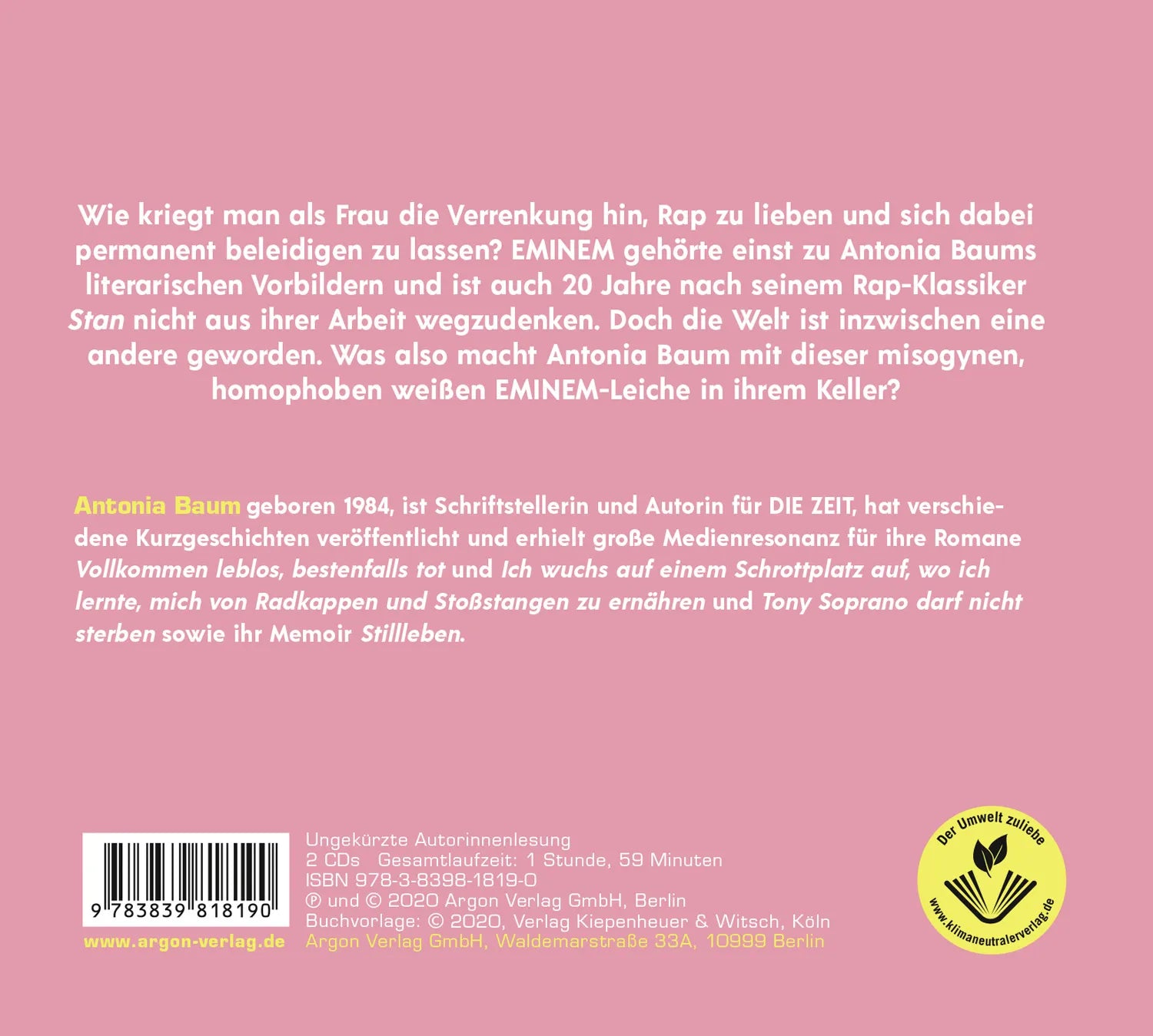 Buchrückseite von 'Antonia Baum über Eminem' mit Klappentext - Hörbuch (CD)