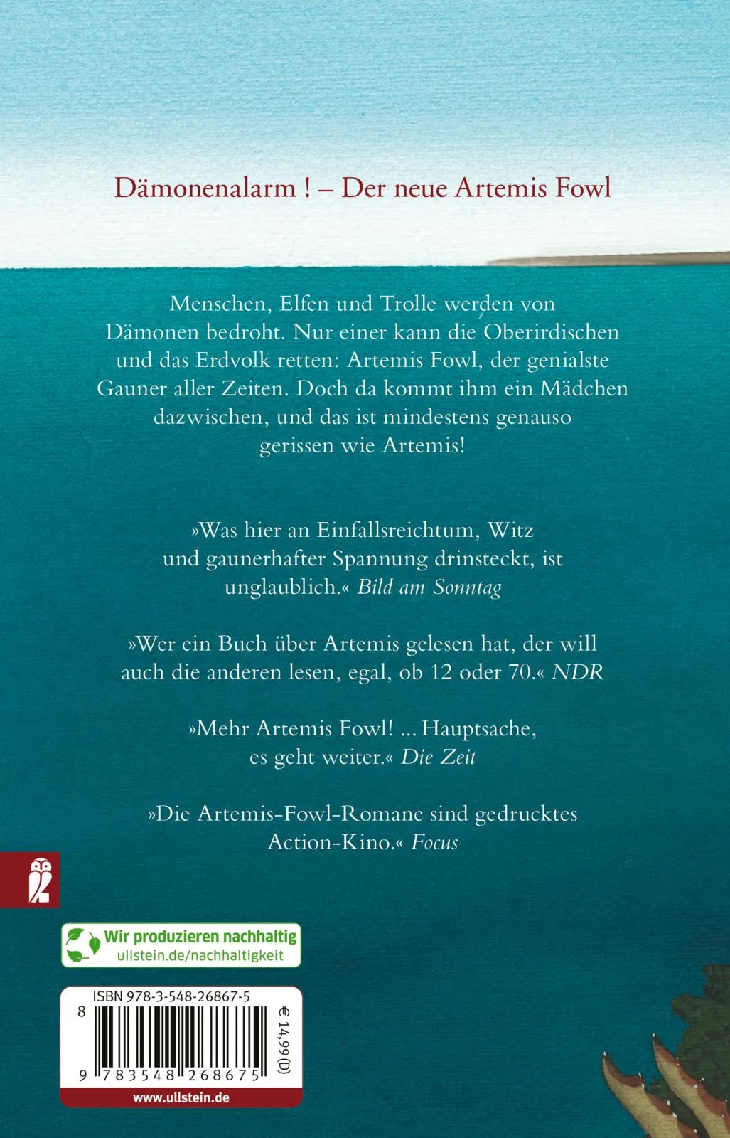 Buchrückseite von 'Artemis Fowl - Die verlorene Kolonie' mit Klappentext - Taschenbuch