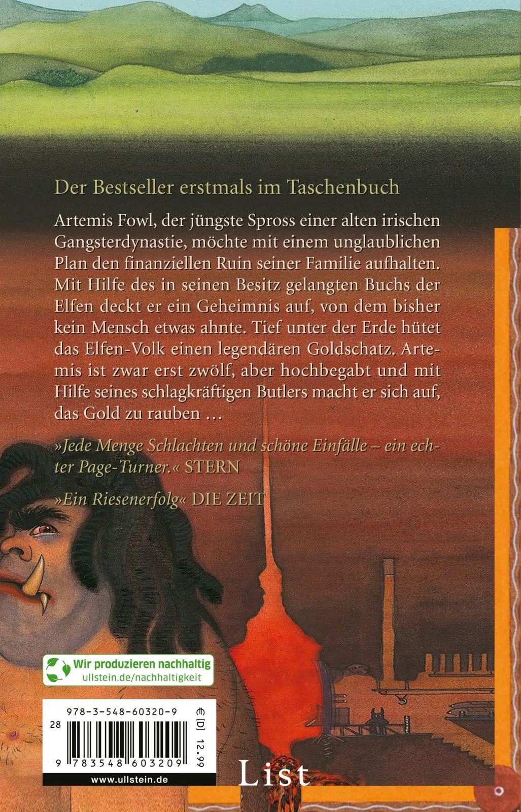 Buchrückseite von 'Artemis Fowl' mit Klappentext - Taschenbuch