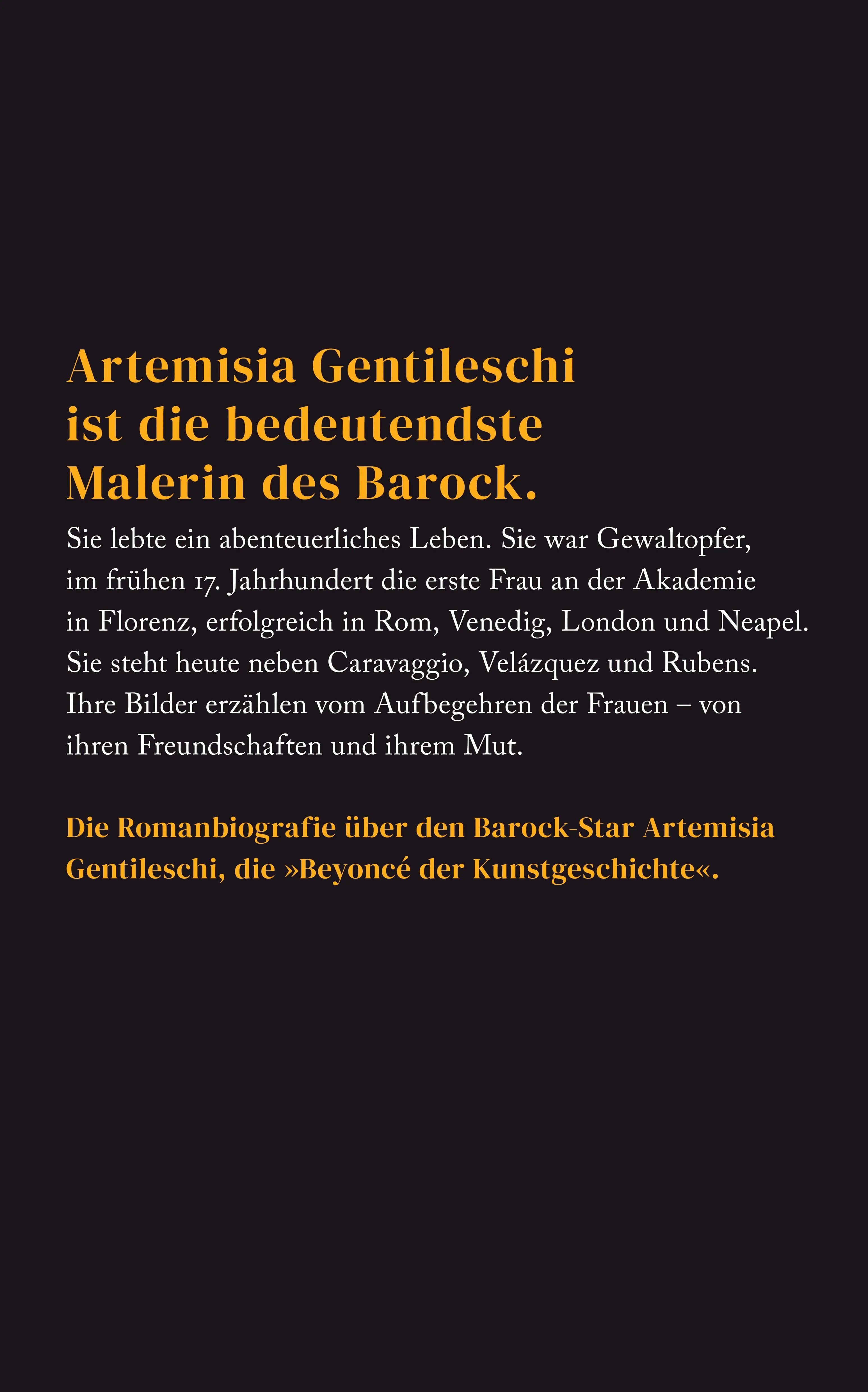 Buchrückseite von 'Artemisia Gentileschi und Der Zorn der Frauen' mit Klappentext - Paperback