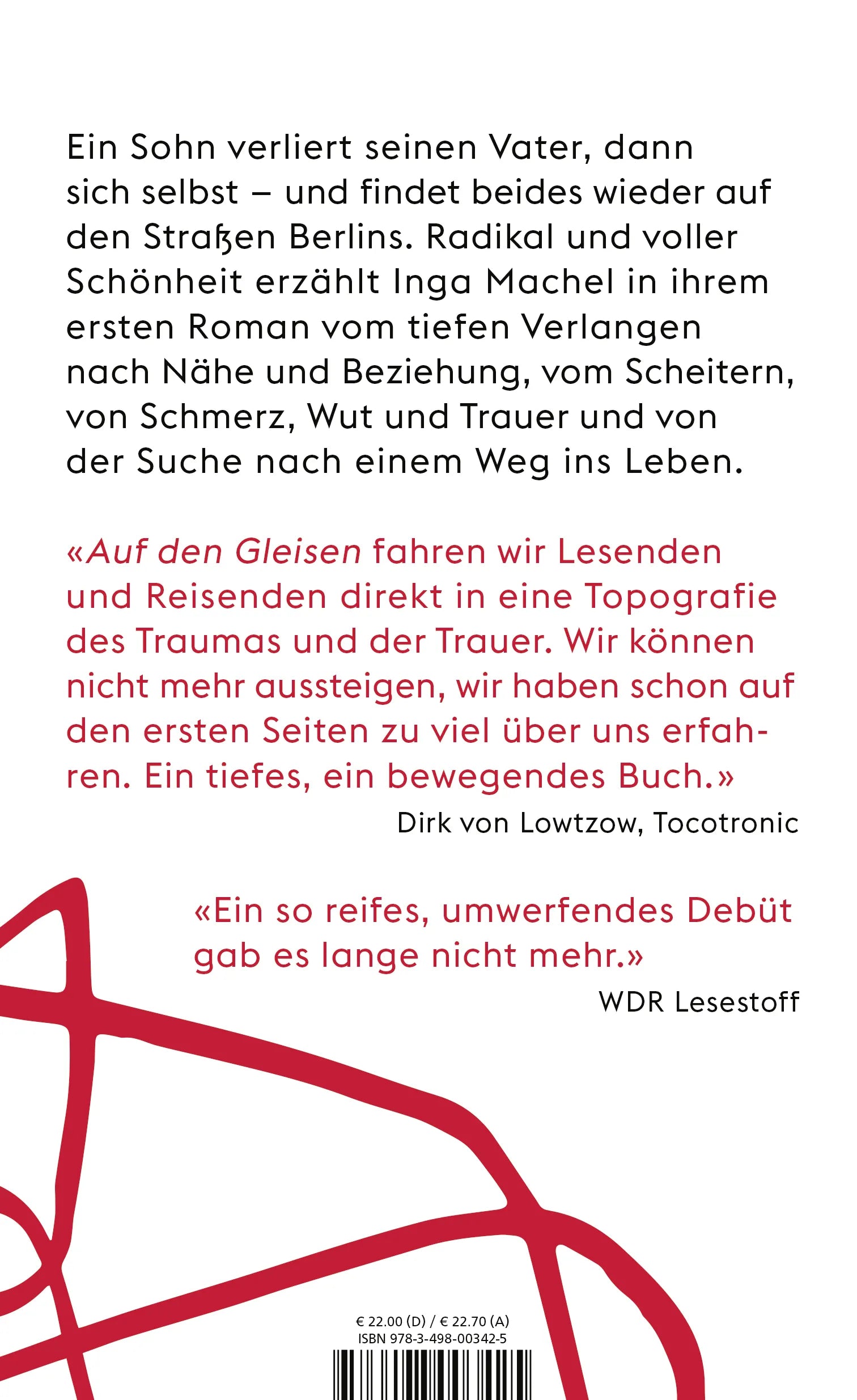 Buchrückseite von 'Auf den Gleisen' mit Klappentext - Gebundene Ausgabe