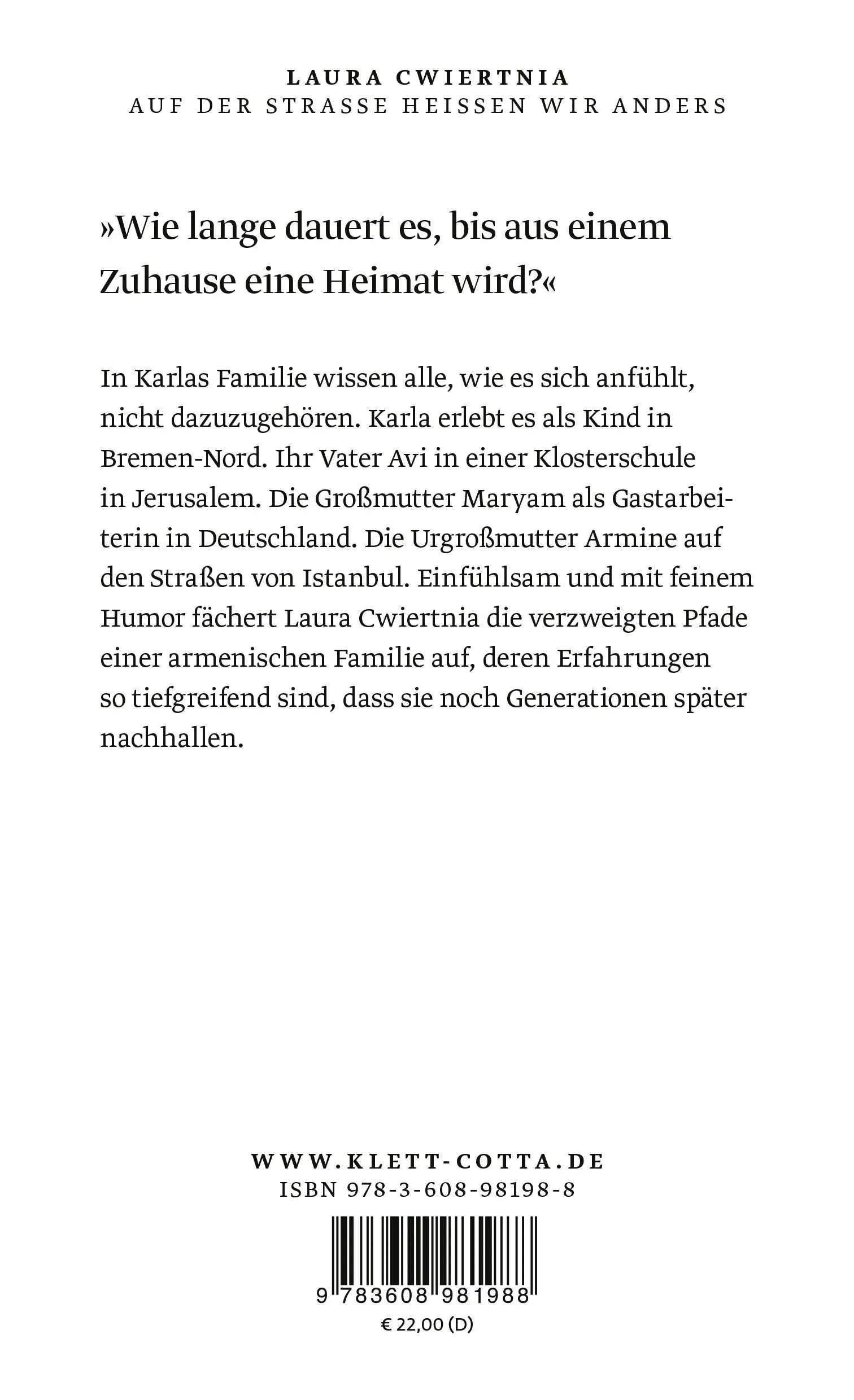 Buchrückseite von 'Auf der Straße heißen wir anders' mit Klappentext - Gebundene Ausgabe