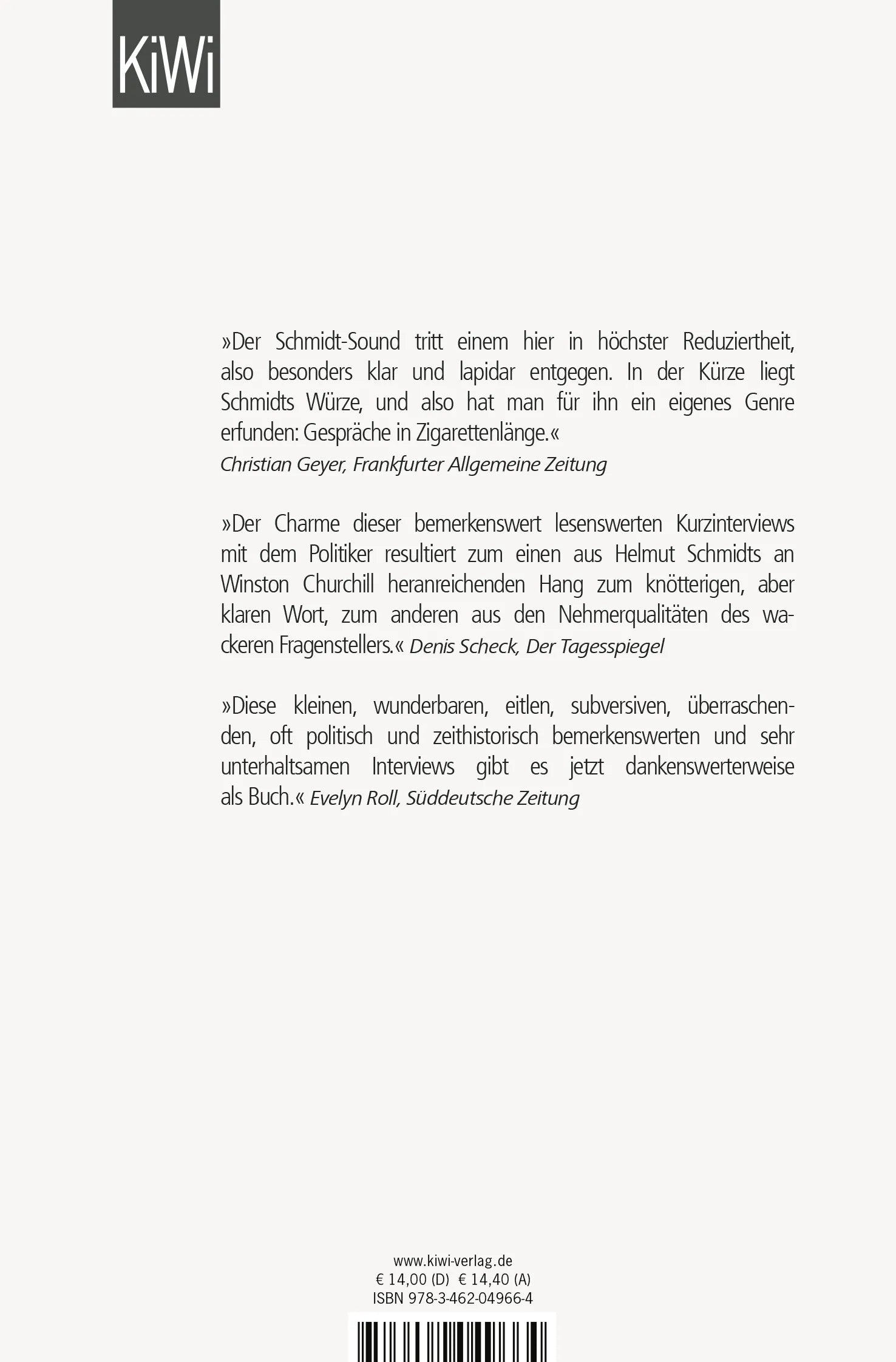 Buchrückseite von 'Auf eine Zigarette mit Helmut Schmidt' mit Klappentext - Taschenbuch