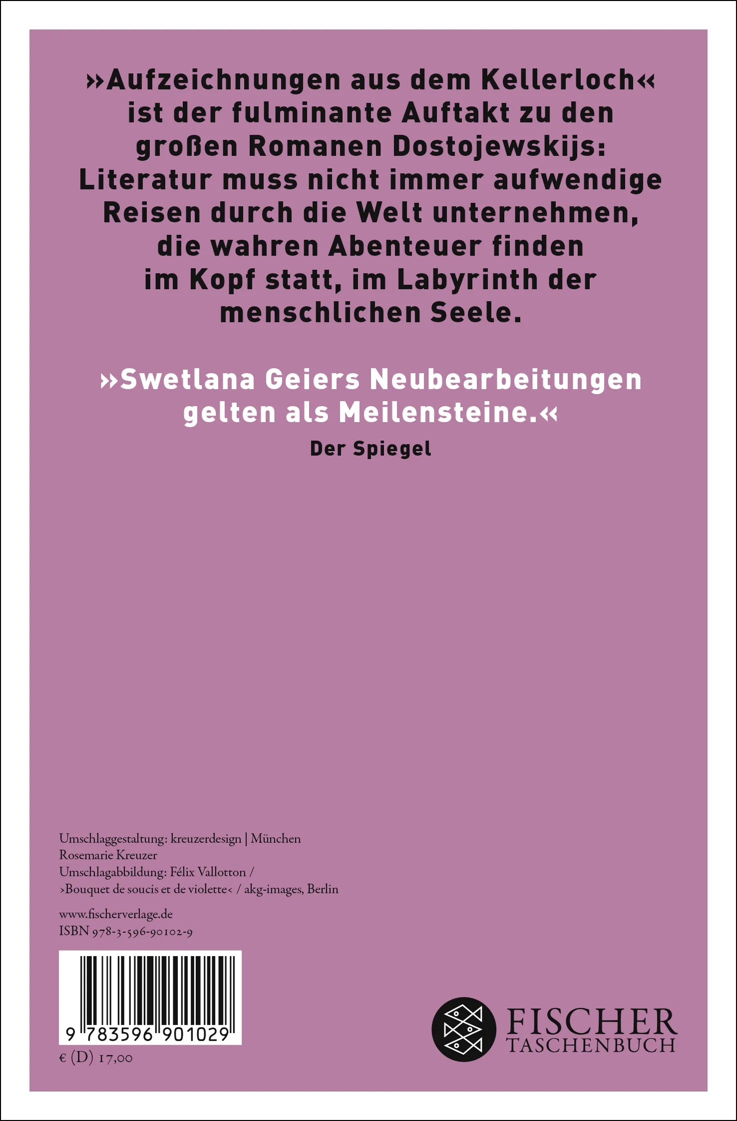 Buchrückseite von 'Aufzeichnungen aus dem Kellerloch' mit Klappentext - Taschenbuch