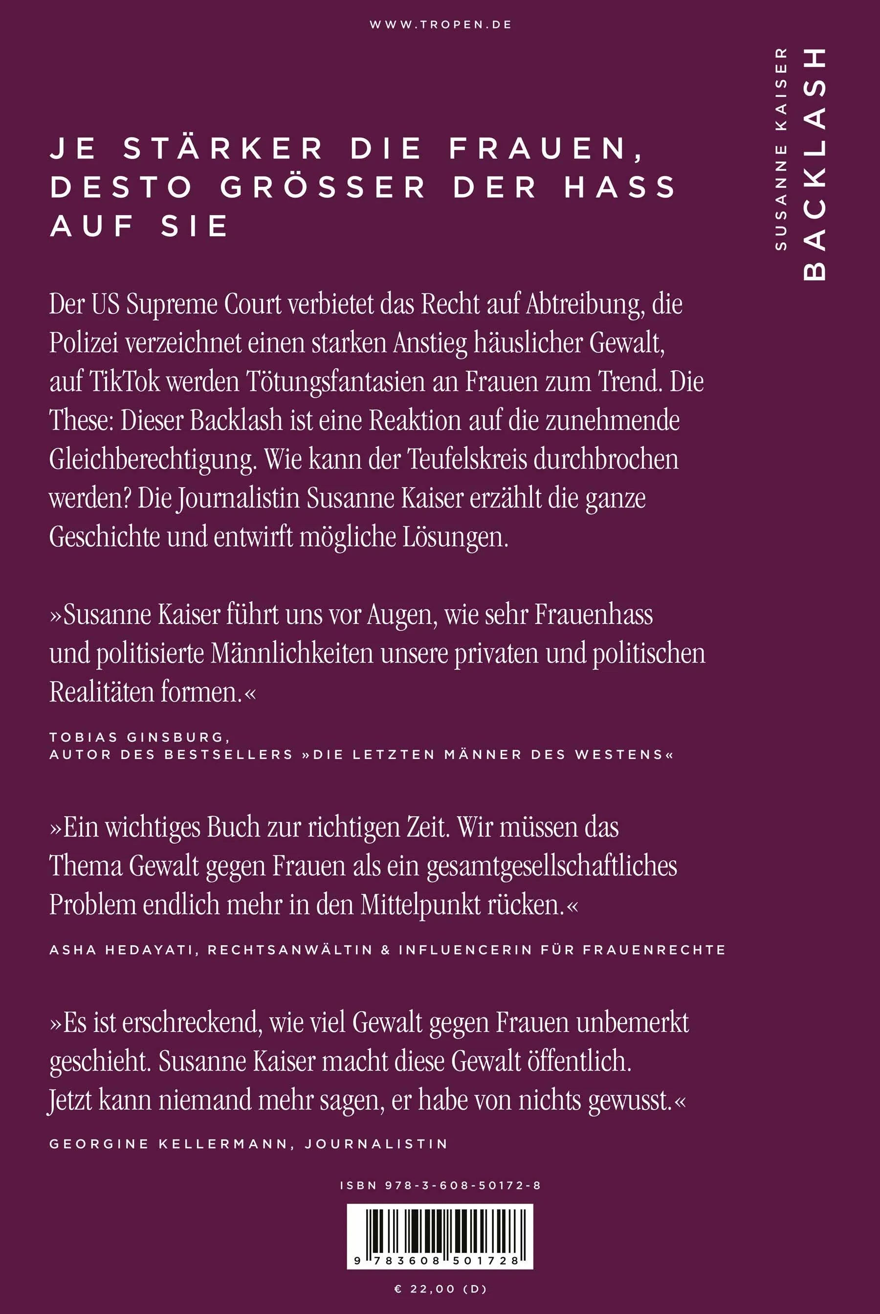 Buchrückseite von 'Backlash - Die neue Gewalt gegen Frauen' mit Klappentext - Gebundene Ausgabe