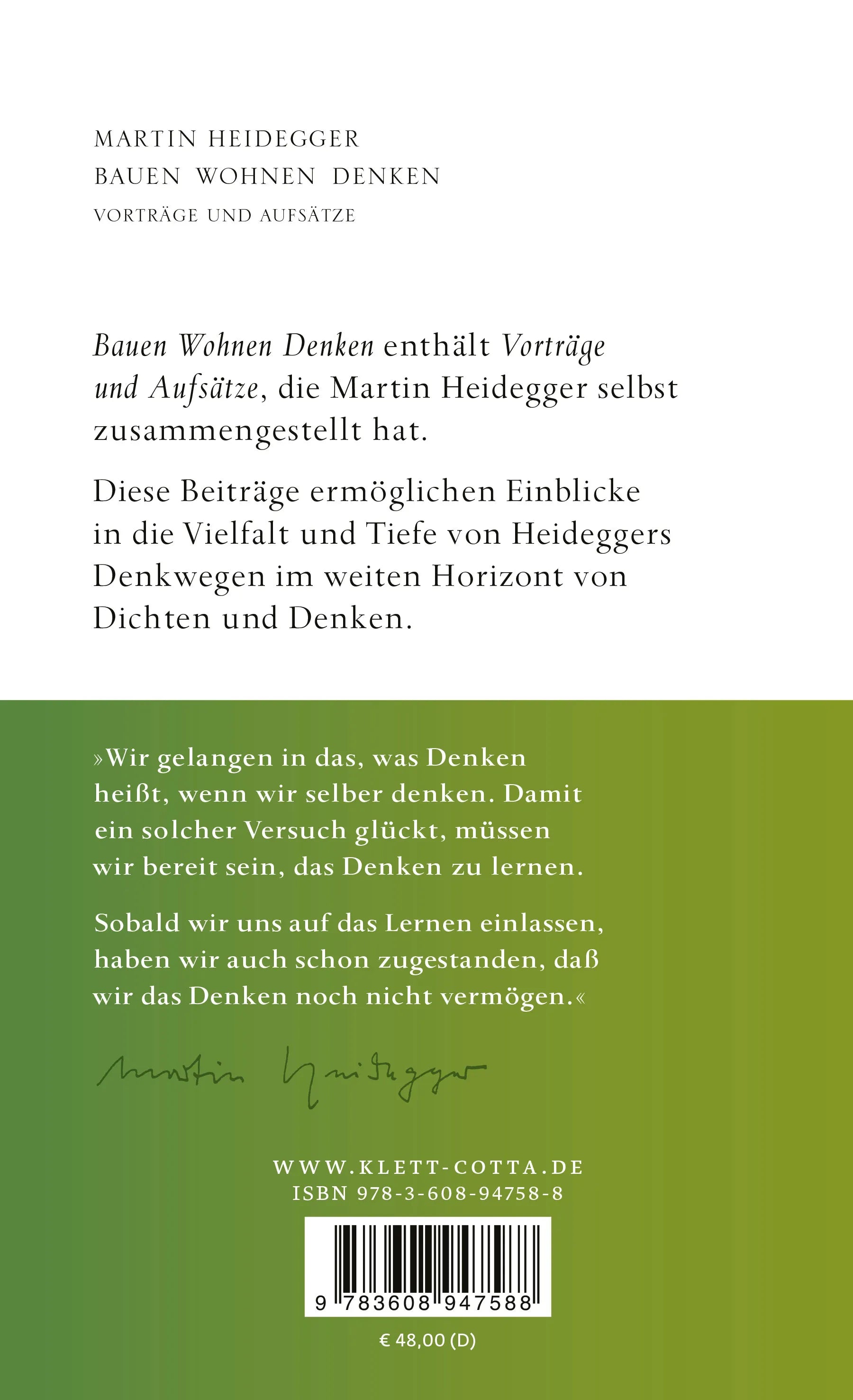Buchrückseite von 'Bauen Wohnen Denken' mit Klappentext - Gebundene Ausgabe