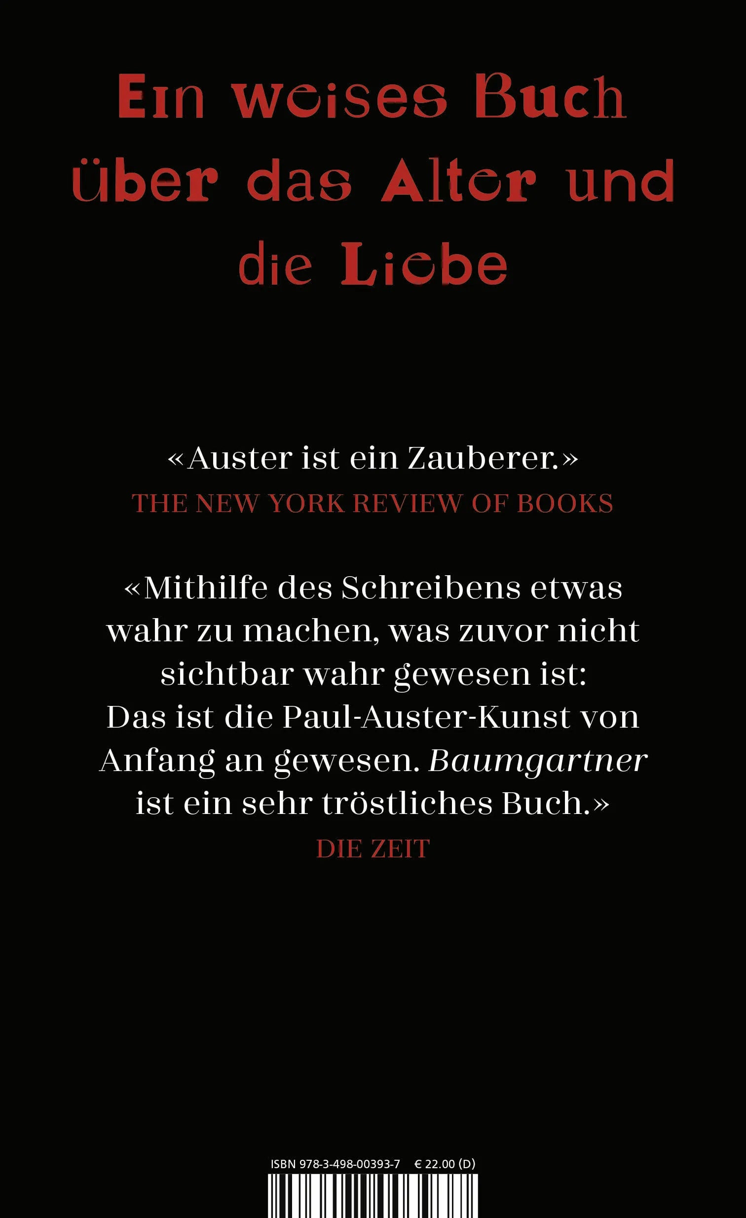 Buchrückseite von 'Baumgartner' mit Klappentext - Gebundene Ausgabe