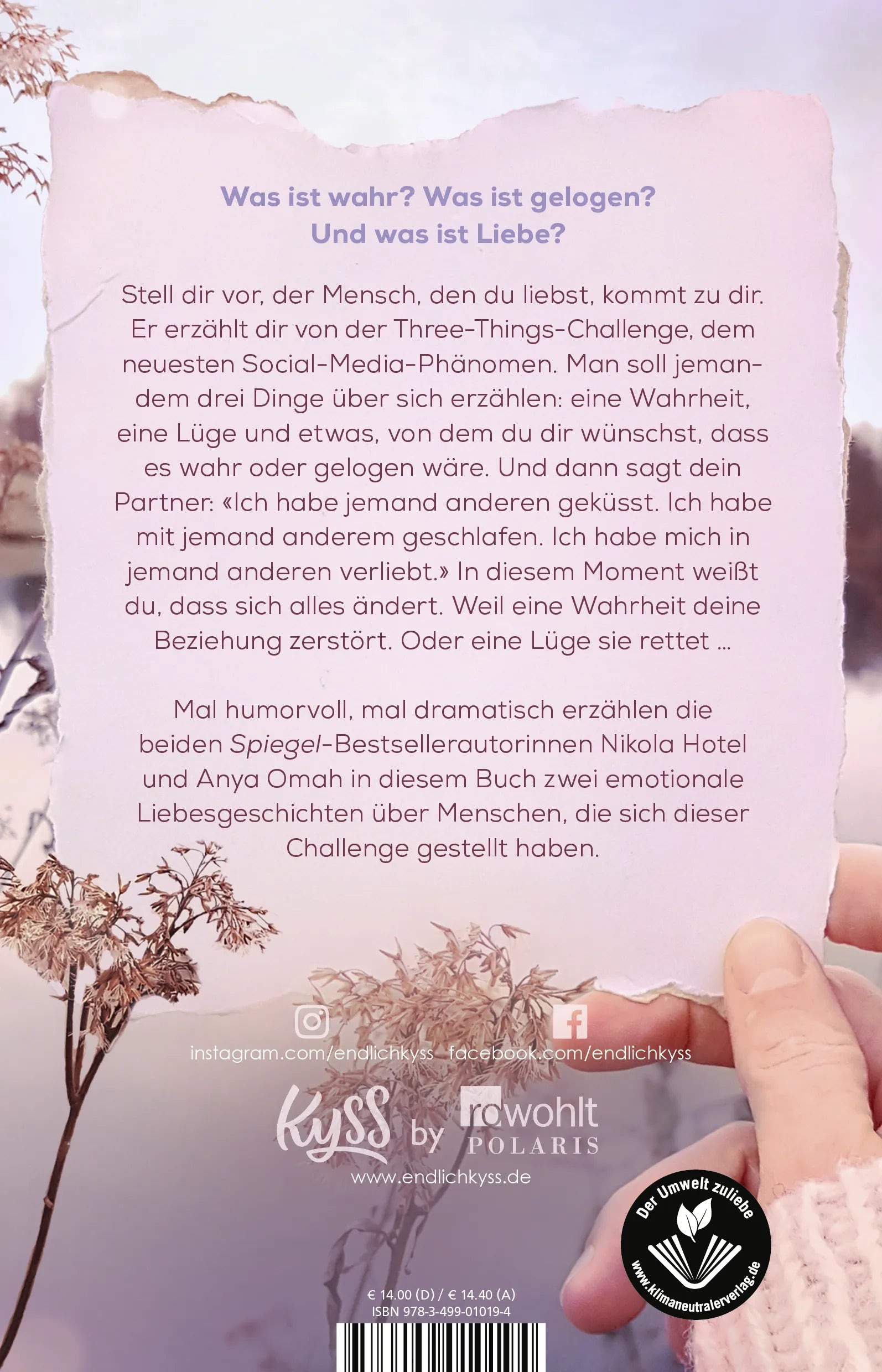Buchrückseite von 'Because It's True − Tausend Gefühle und ein einziger Kuss' mit Klappentext - Paperback