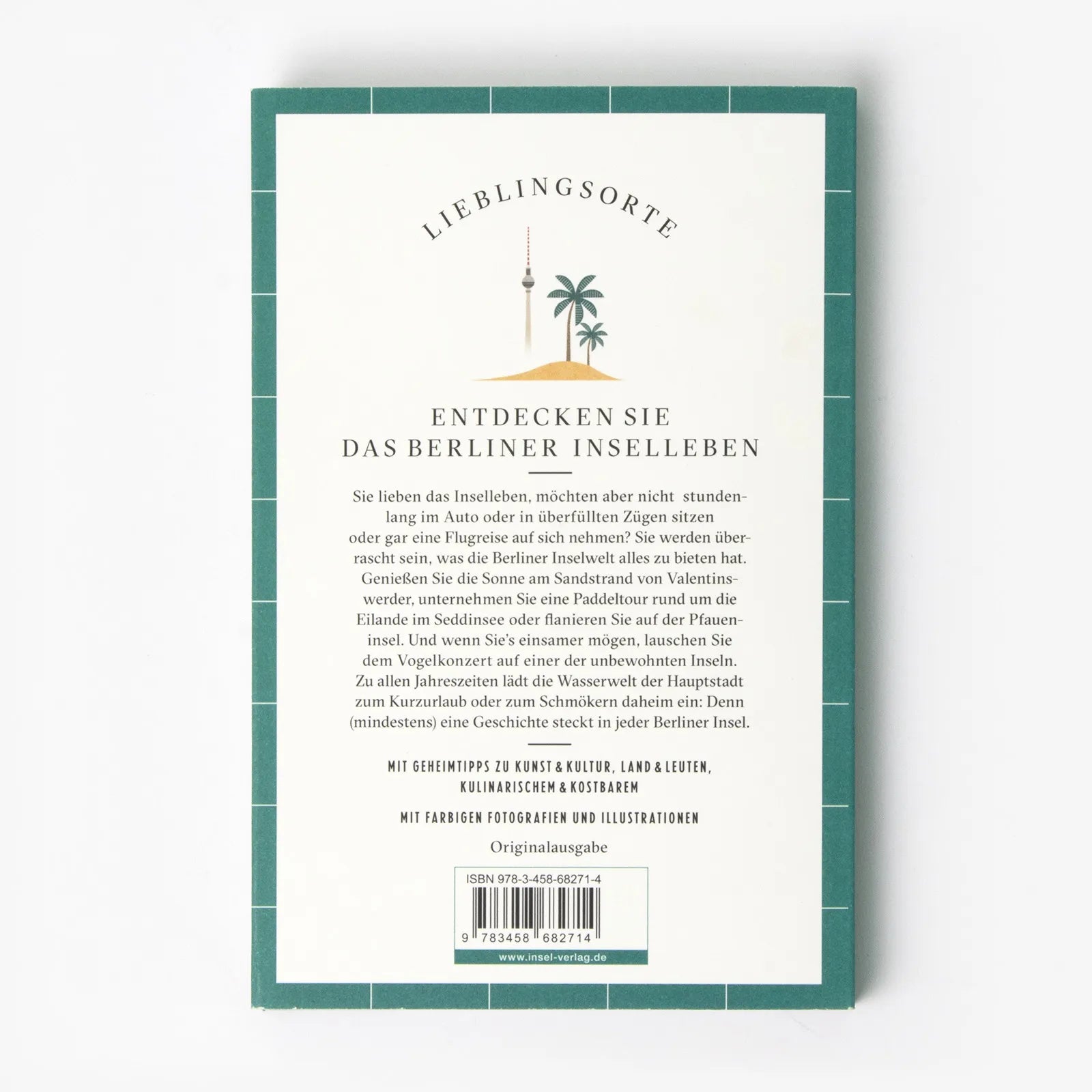 Buchrückseite von 'Berliner Inseln Reiseführer LIEBLINGSORTE' mit Klappentext - Paperback