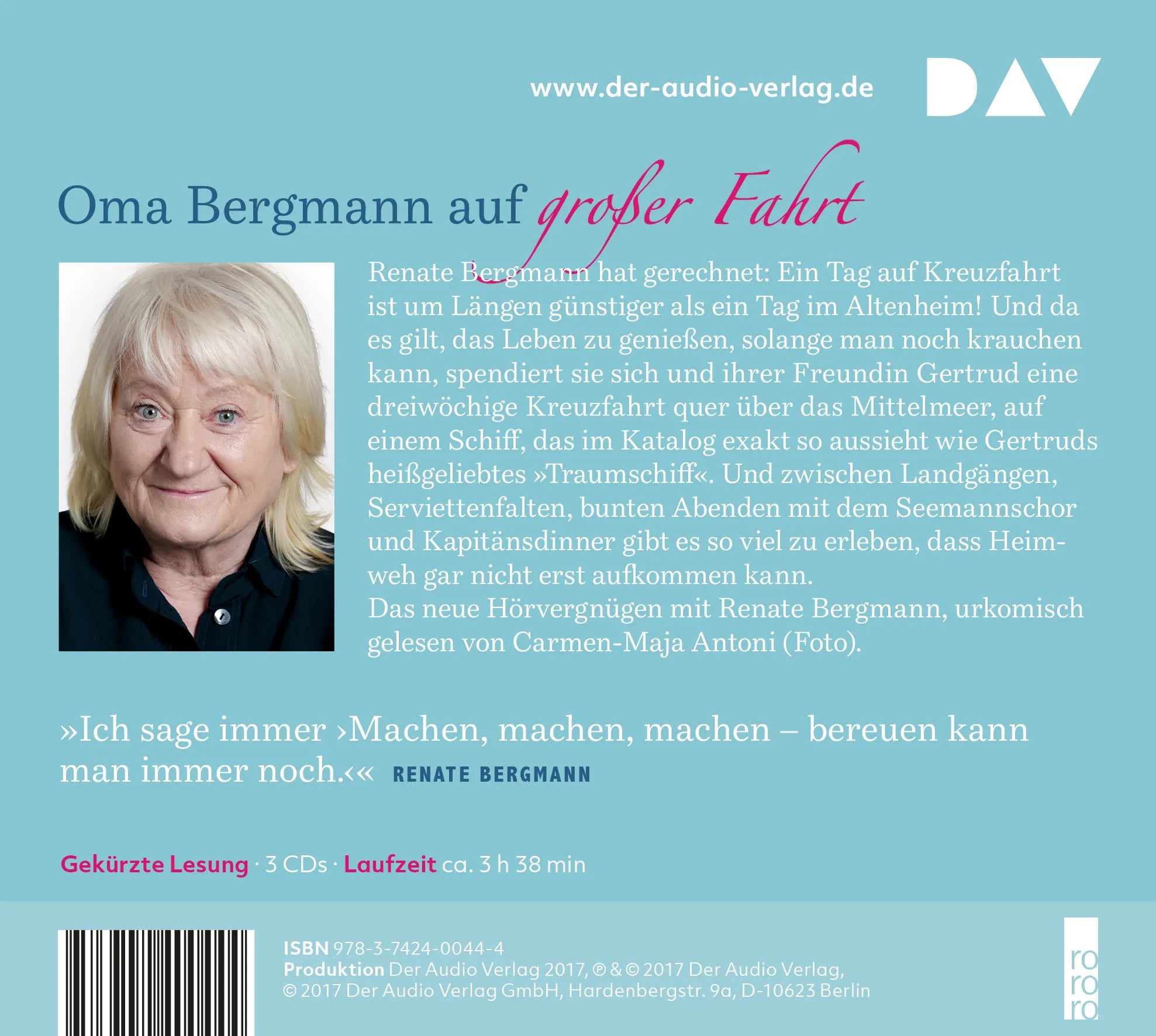 Buchrückseite von 'Besser als Bus fahren. Die Online-Omi legt ab' mit Klappentext - Hörbuch (CD)