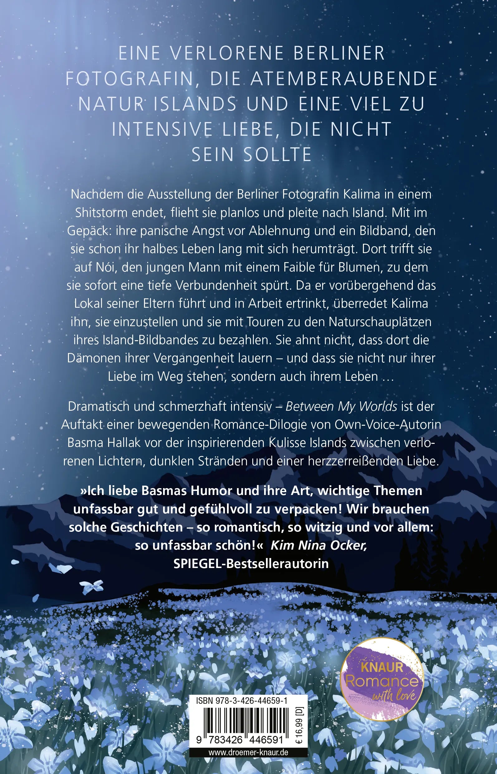 Buchrückseite von 'Between My Worlds' mit Klappentext - Paperback