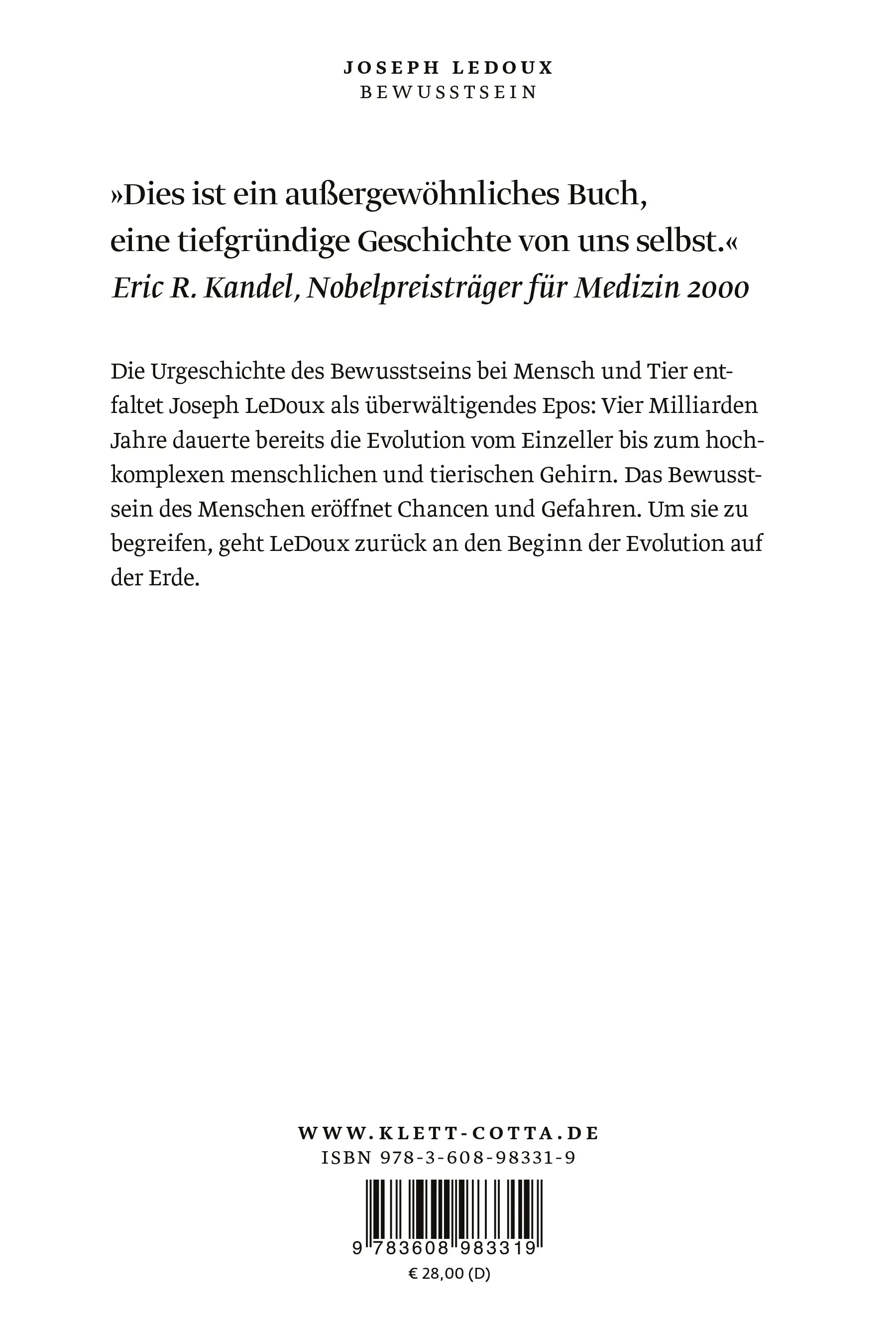 Buchrückseite von 'Bewusstsein' mit Klappentext - Gebundene Ausgabe