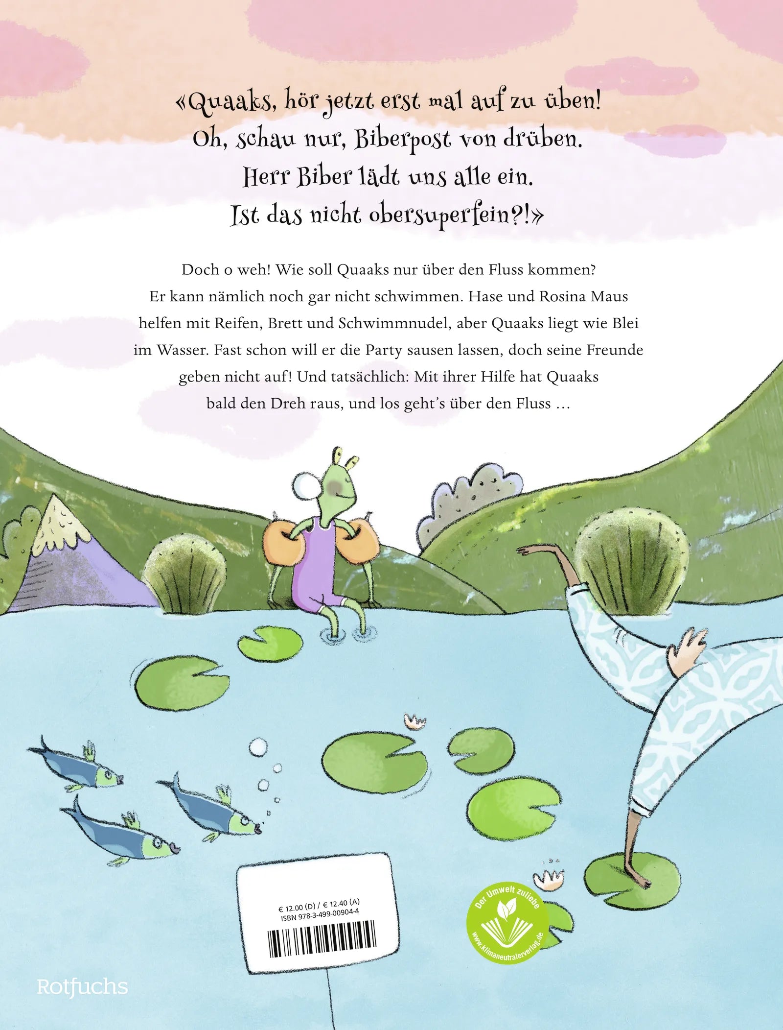 Buchrückseite von 'Biber & Quaaks: Quaaks schwimmt los' mit Klappentext - Gebundene Ausgabe