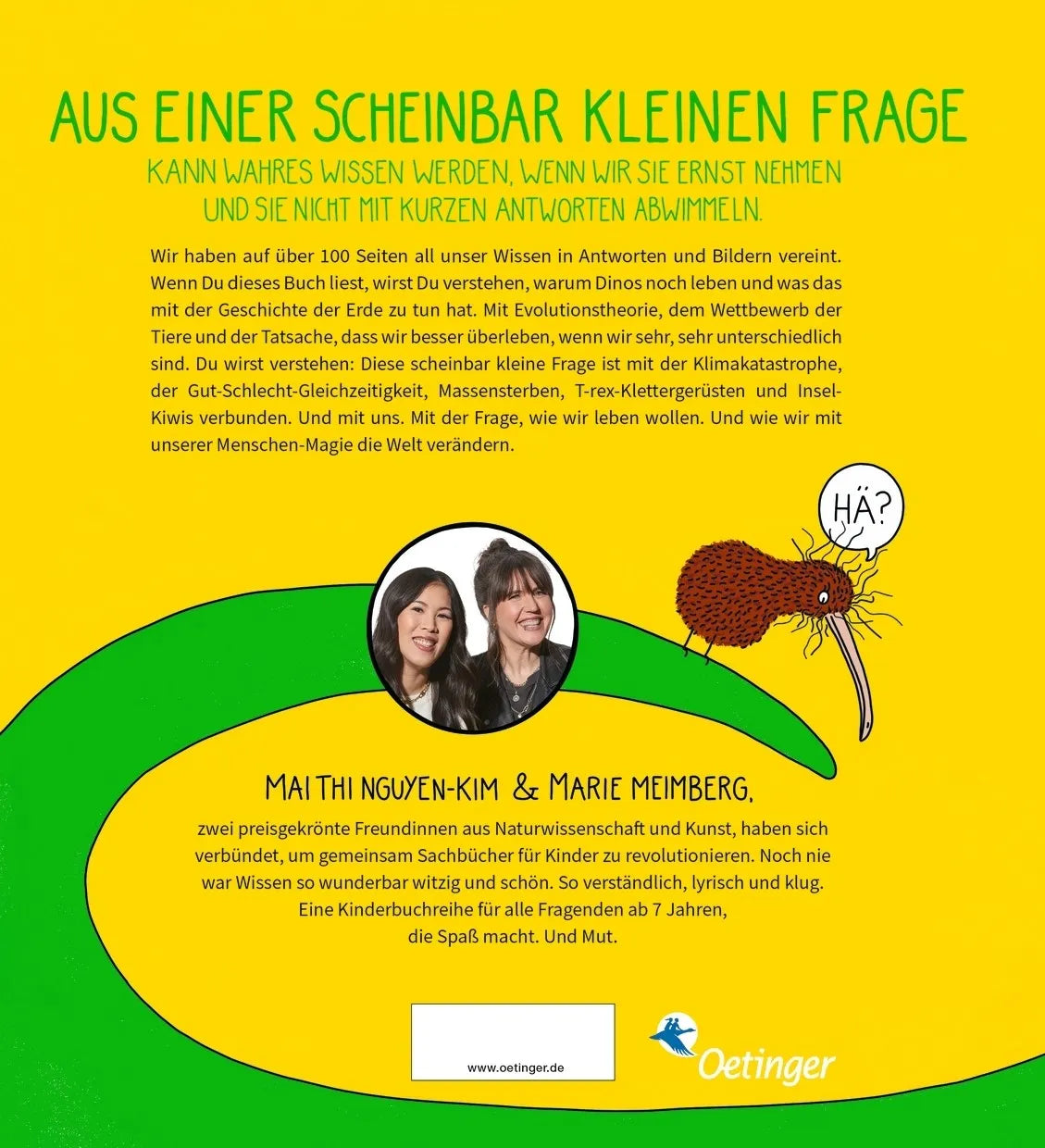 Buchrückseite von 'BiBiBiber hat da mal 'ne Frage. Sind Dinos wirklich alle tot?' mit Klappentext - Gebundene Ausgabe