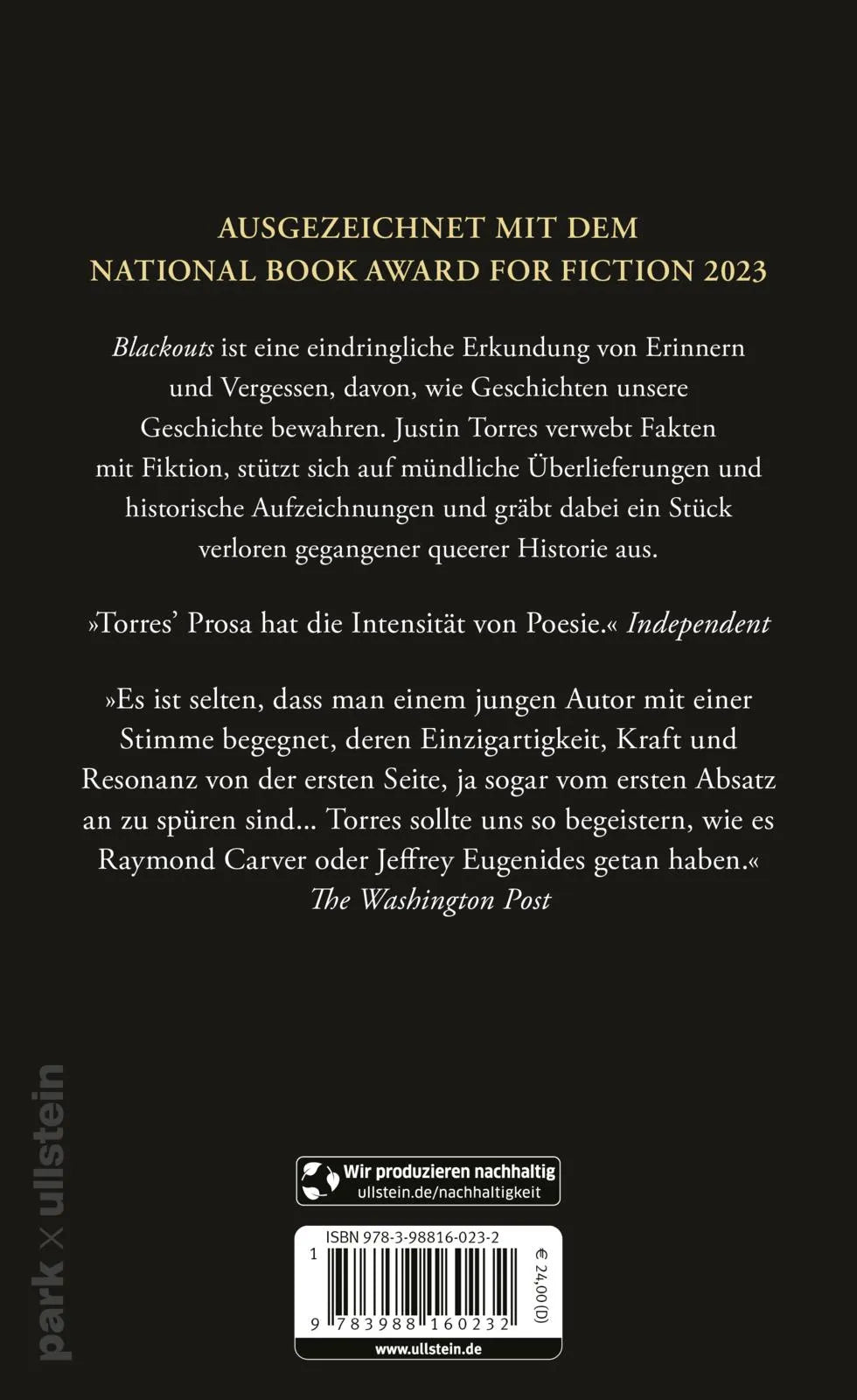 Buchrückseite von 'Blackouts' mit Klappentext - Gebundene Ausgabe