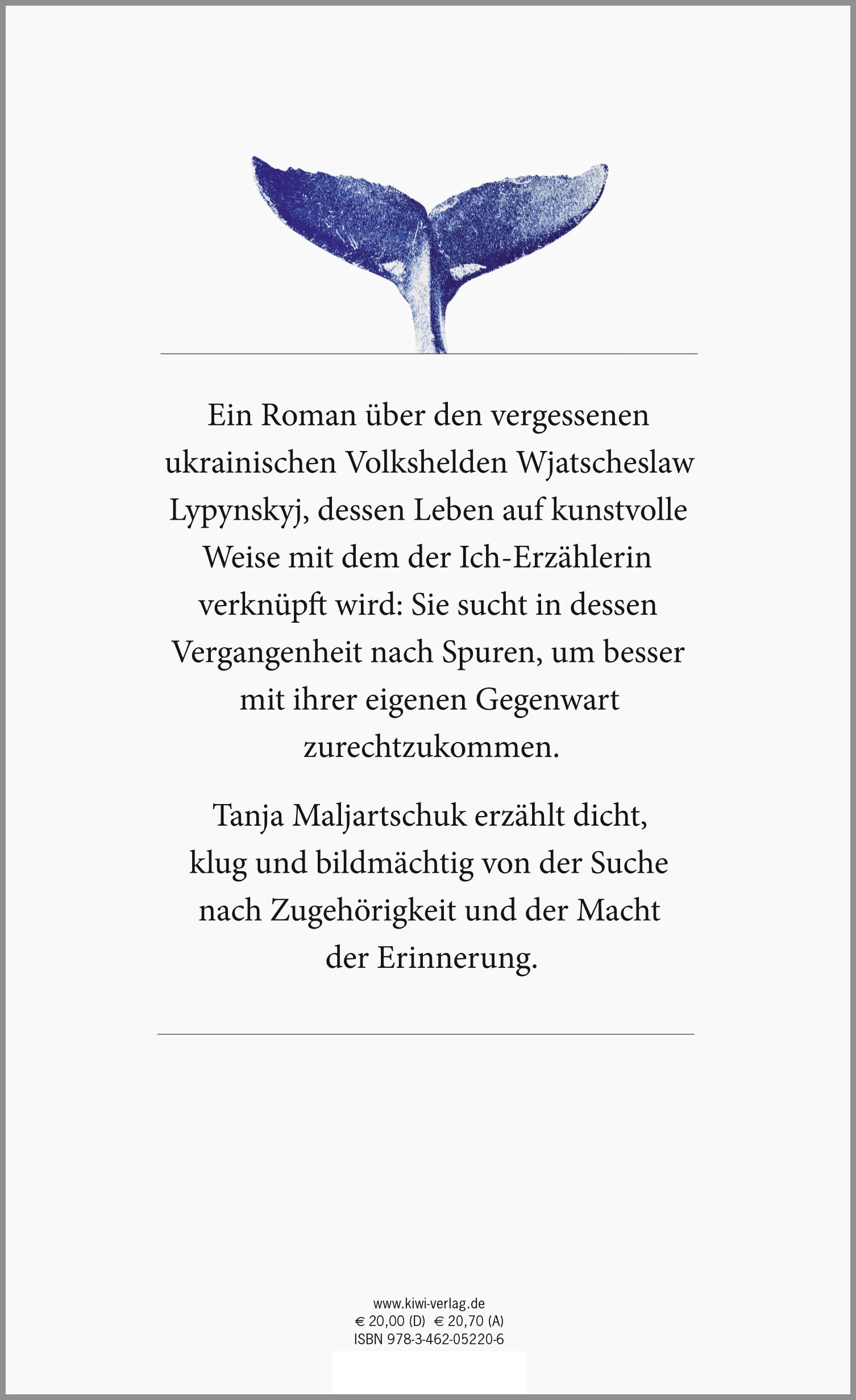 Buchrückseite von 'Blauwal der Erinnerung' mit Klappentext - Gebundene Ausgabe