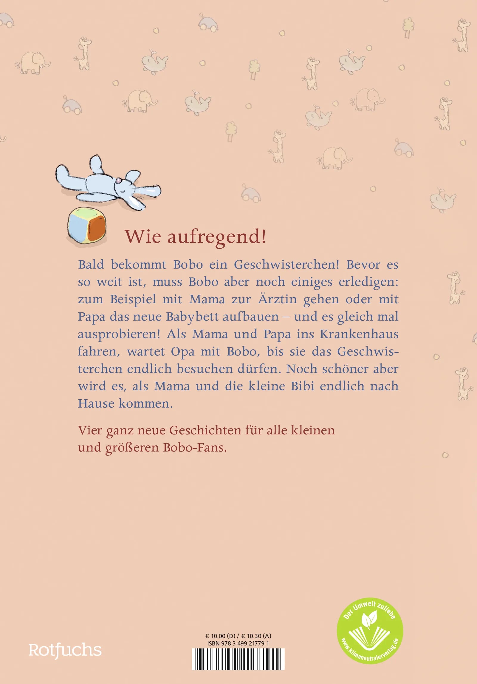 Buchrückseite von 'Bobo Siebenschläfer bekommt ein Geschwisterchen' mit Klappentext - Gebundene Ausgabe