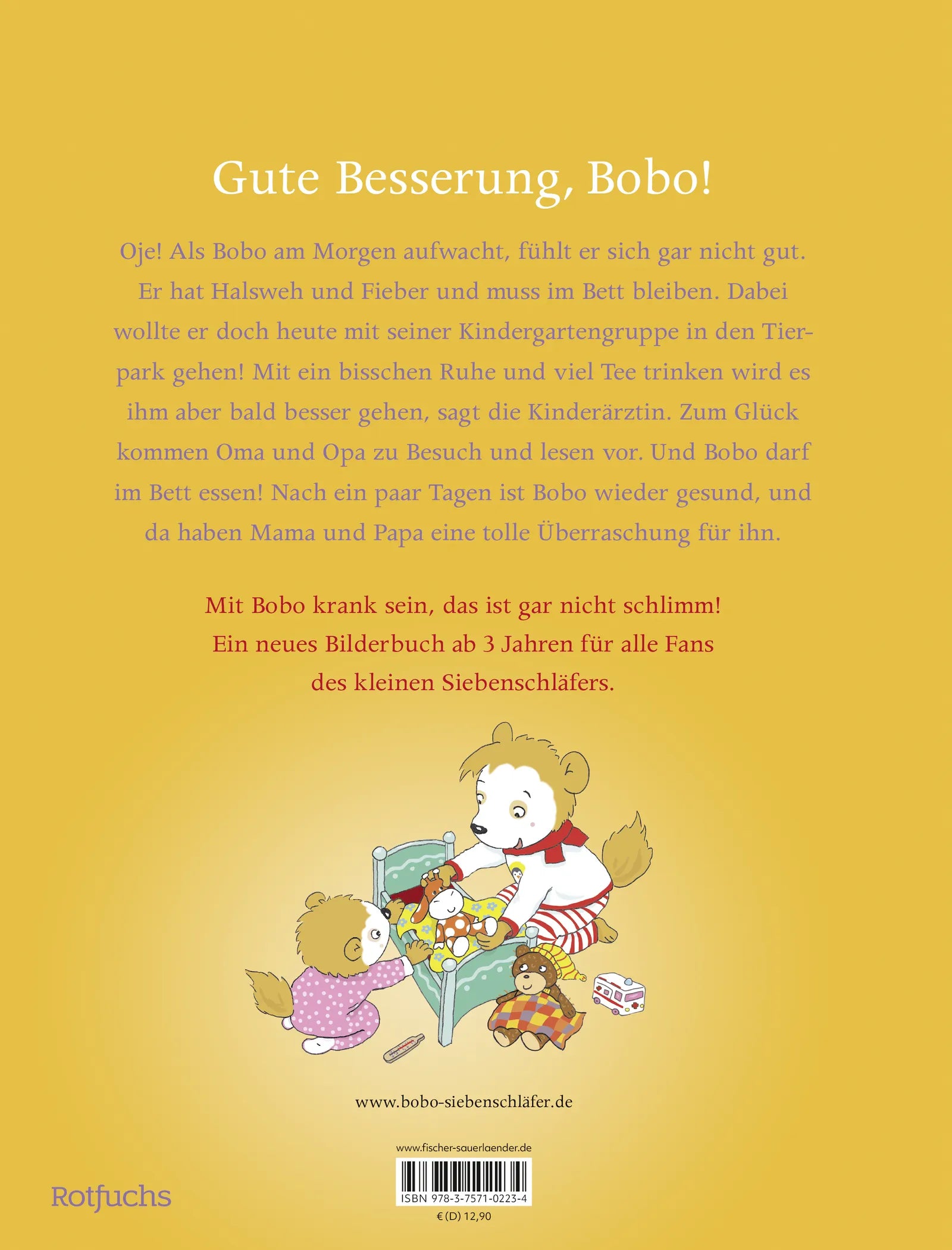 Buchrückseite von 'Bobo Siebenschläfer ist krank' mit Klappentext - Gebundene Ausgabe