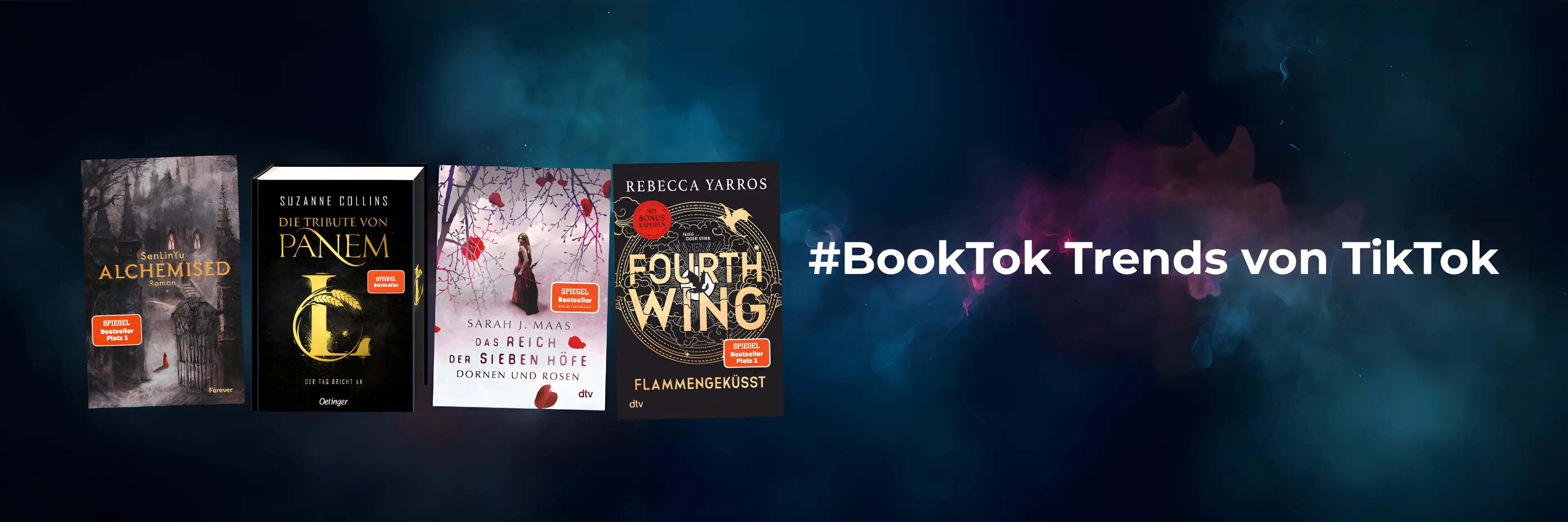 #BookTok Trends von TikTok Banner mit Bestsellern wie Fourth Wing und Panem für die Bücher Kollektion.
