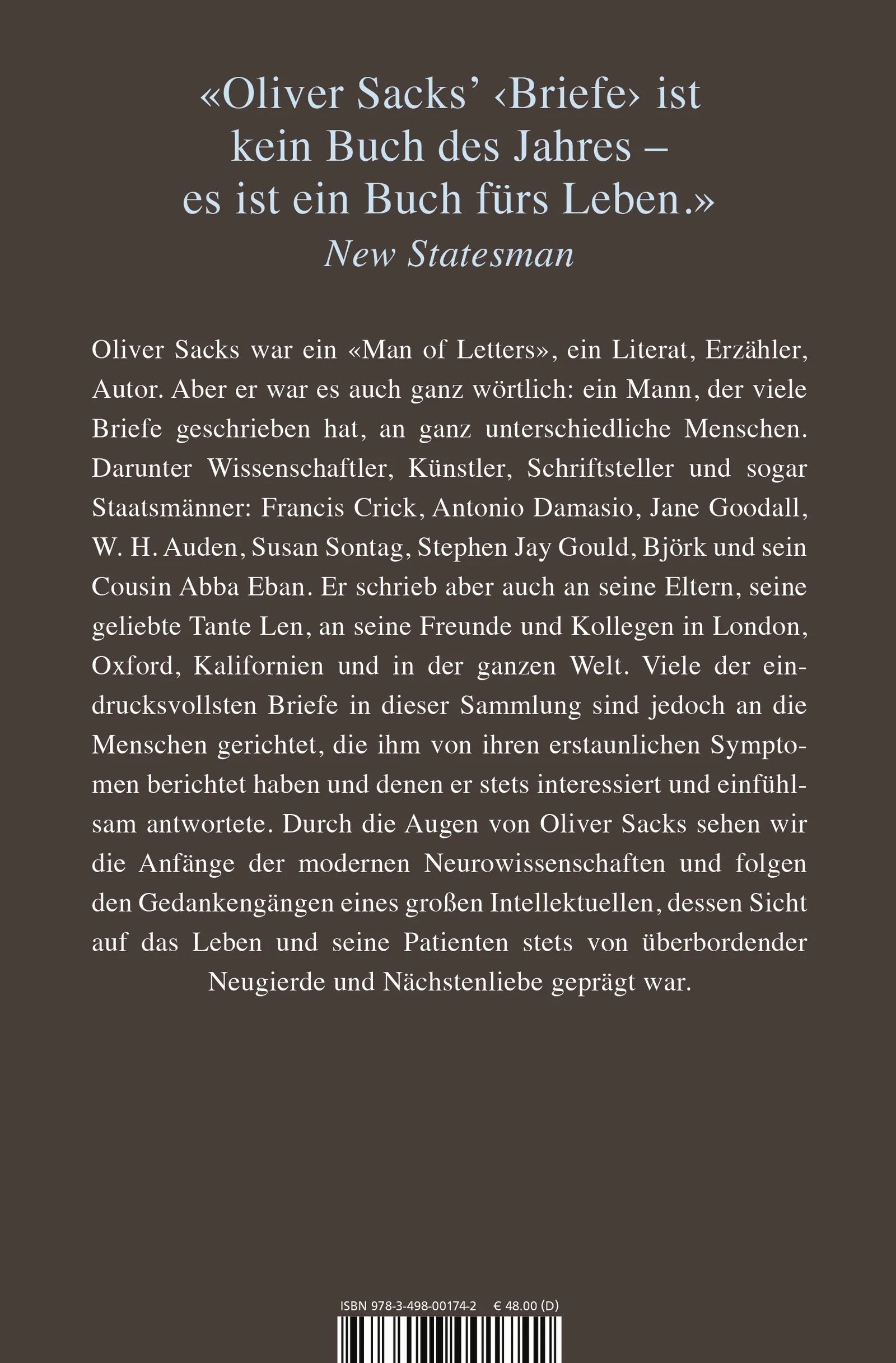 Buchrückseite von 'Briefe von Oliver Sacks' mit Klappentext - Gebundene Ausgabe