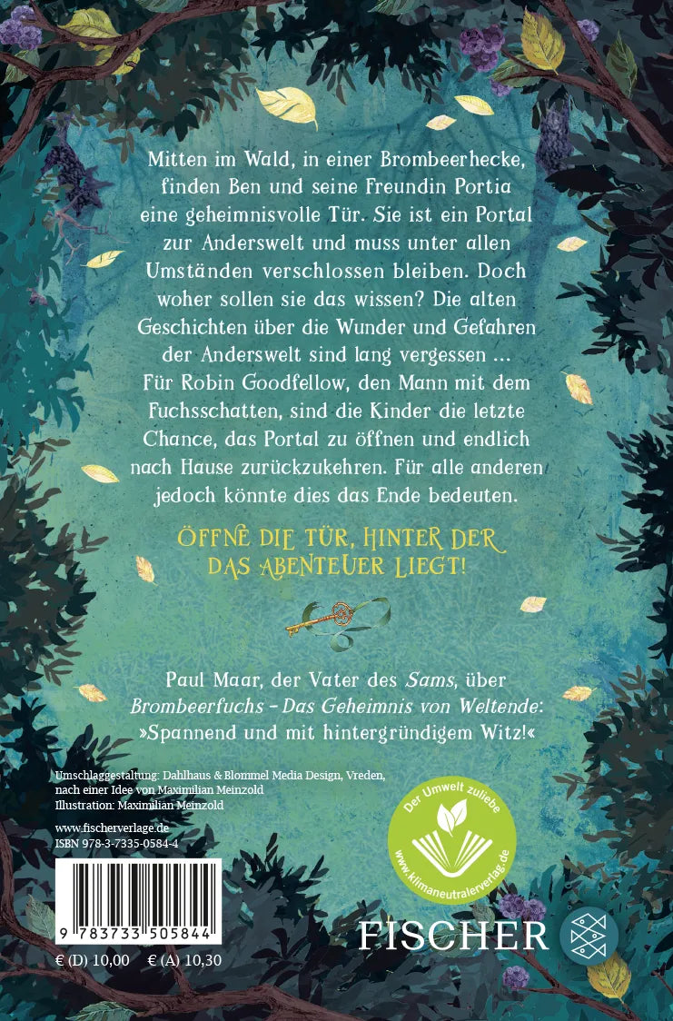 Buchrückseite von 'Brombeerfuchs – Das Geheimnis von Weltende' mit Klappentext - Taschenbuch