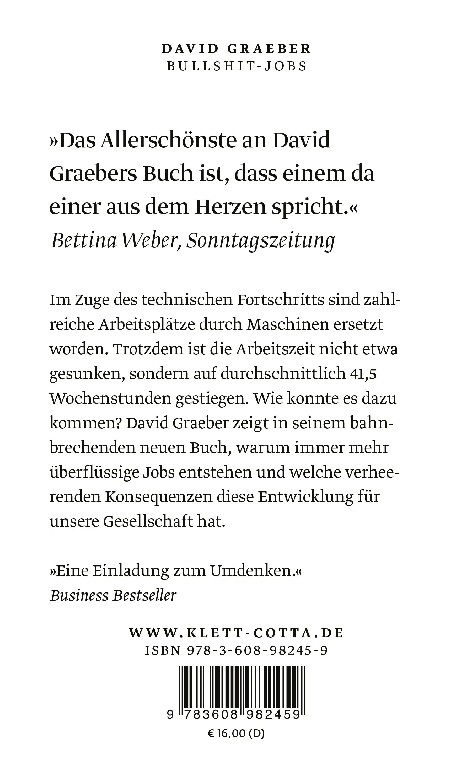 Buchrückseite von 'Bullshit Jobs' mit Klappentext - Taschenbuch