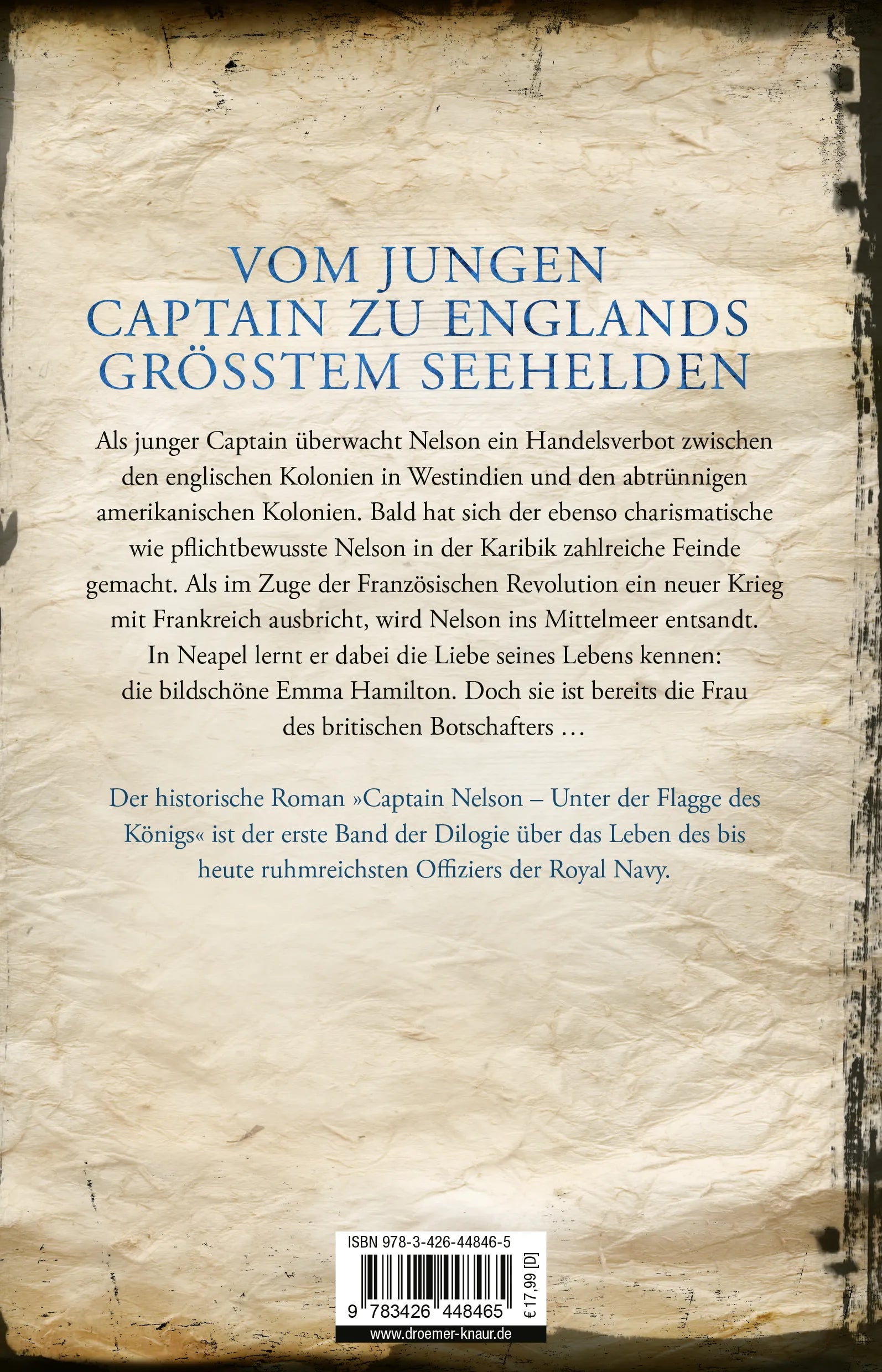 Buchrückseite von 'Captain Nelson – Unter der Flagge des Königs' mit Klappentext - Paperback