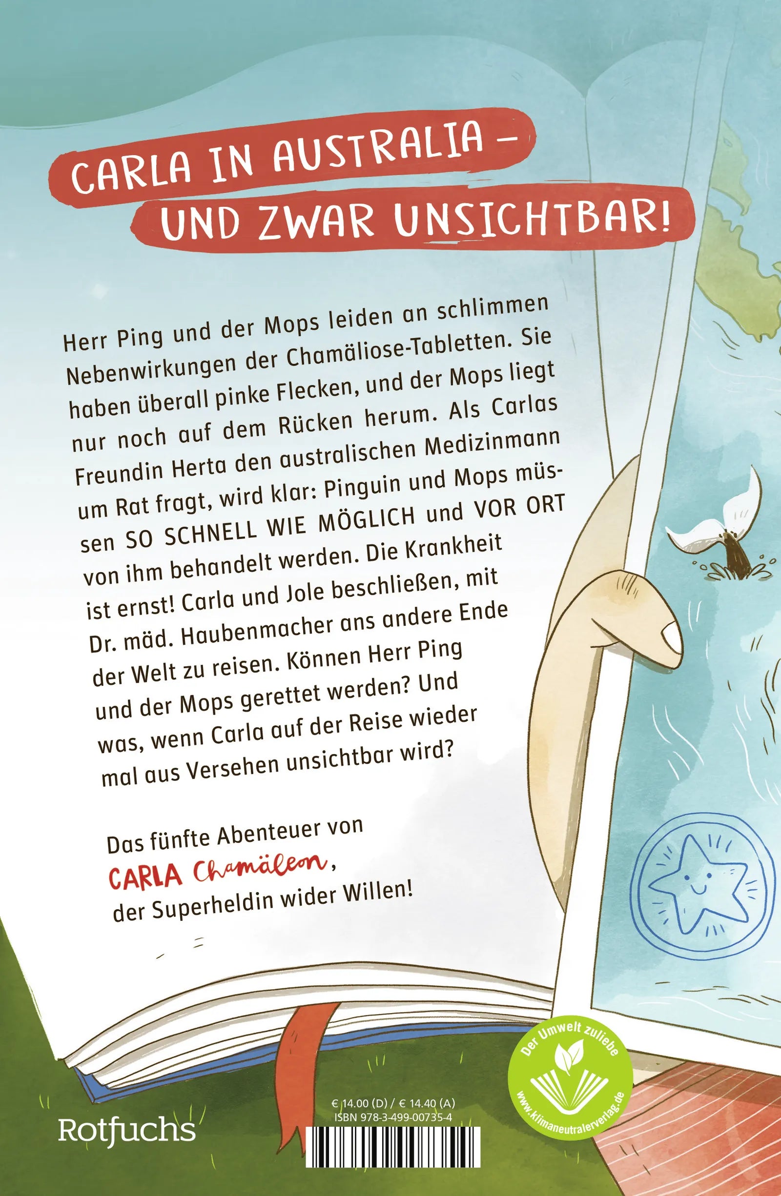 Buchrückseite von 'Carla Chamäleon: Reisefieber' mit Klappentext - Gebundene Ausgabe