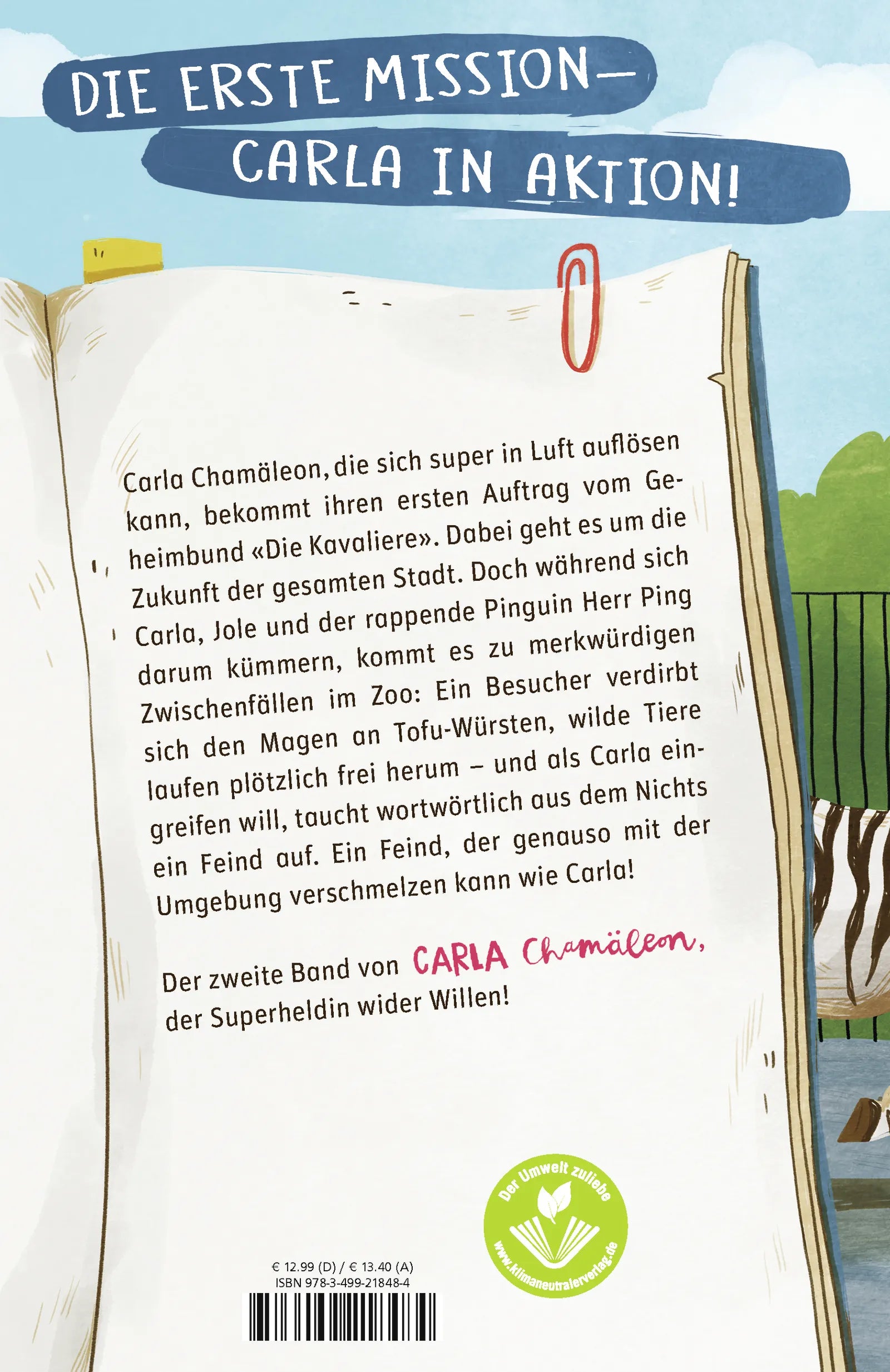 Buchrückseite von 'Carla Chamäleon: Zoff im Zoo' mit Klappentext - Gebundene Ausgabe