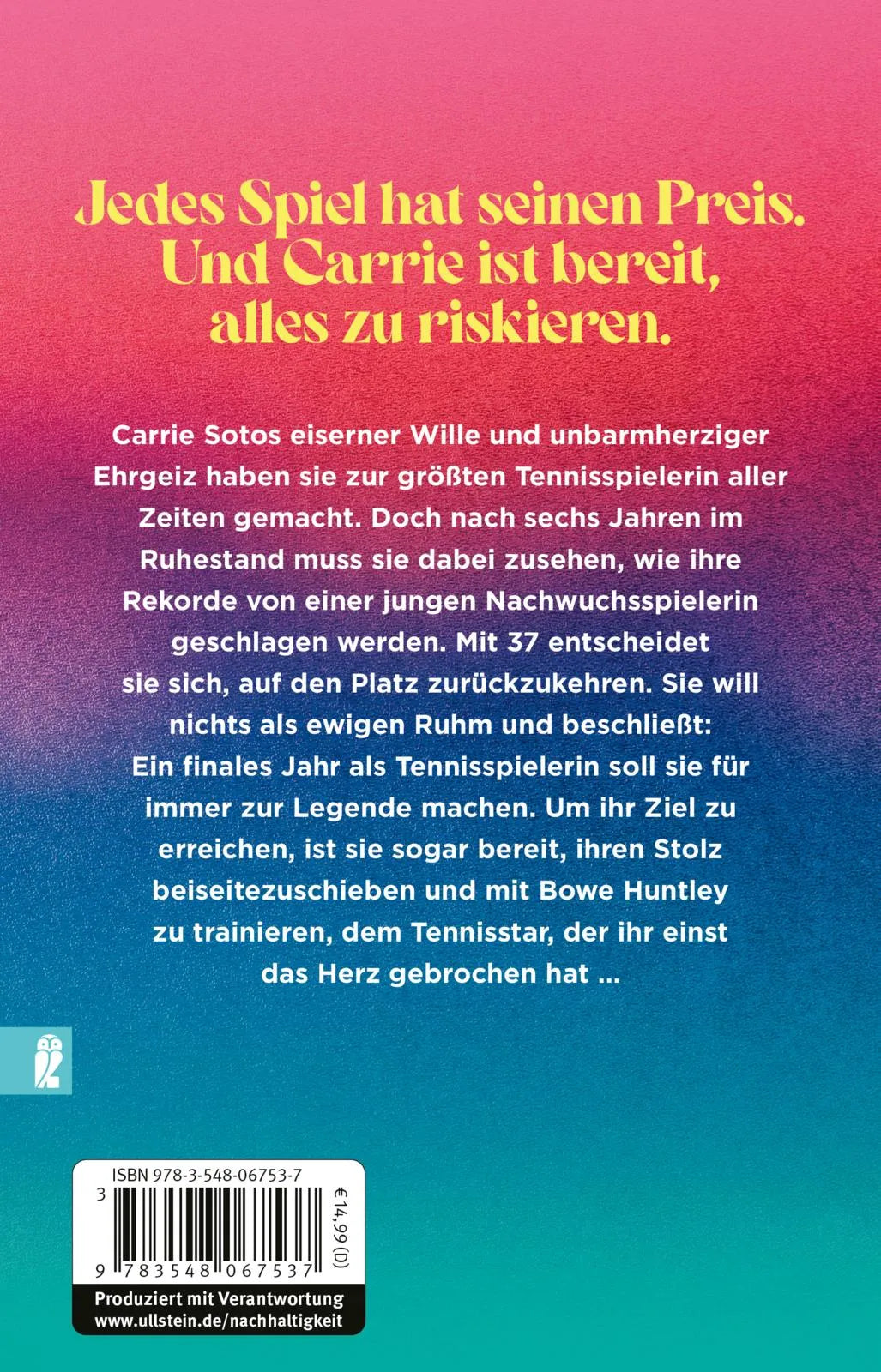 Buchrückseite von 'Carrie Soto is Back' mit Klappentext - Taschenbuch
