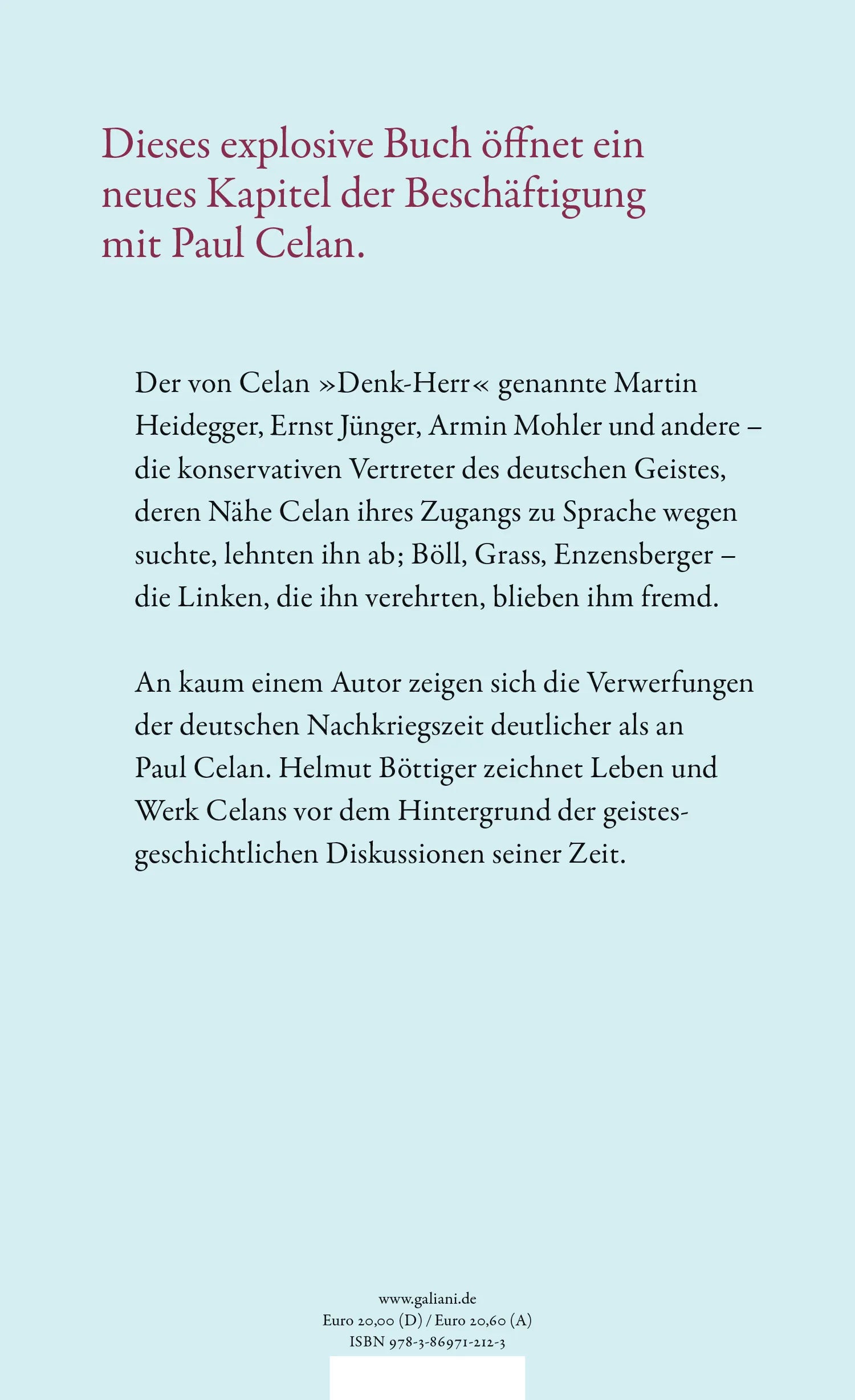 Buchrückseite von 'Celans Zerrissenheit' mit Klappentext - Gebundene Ausgabe