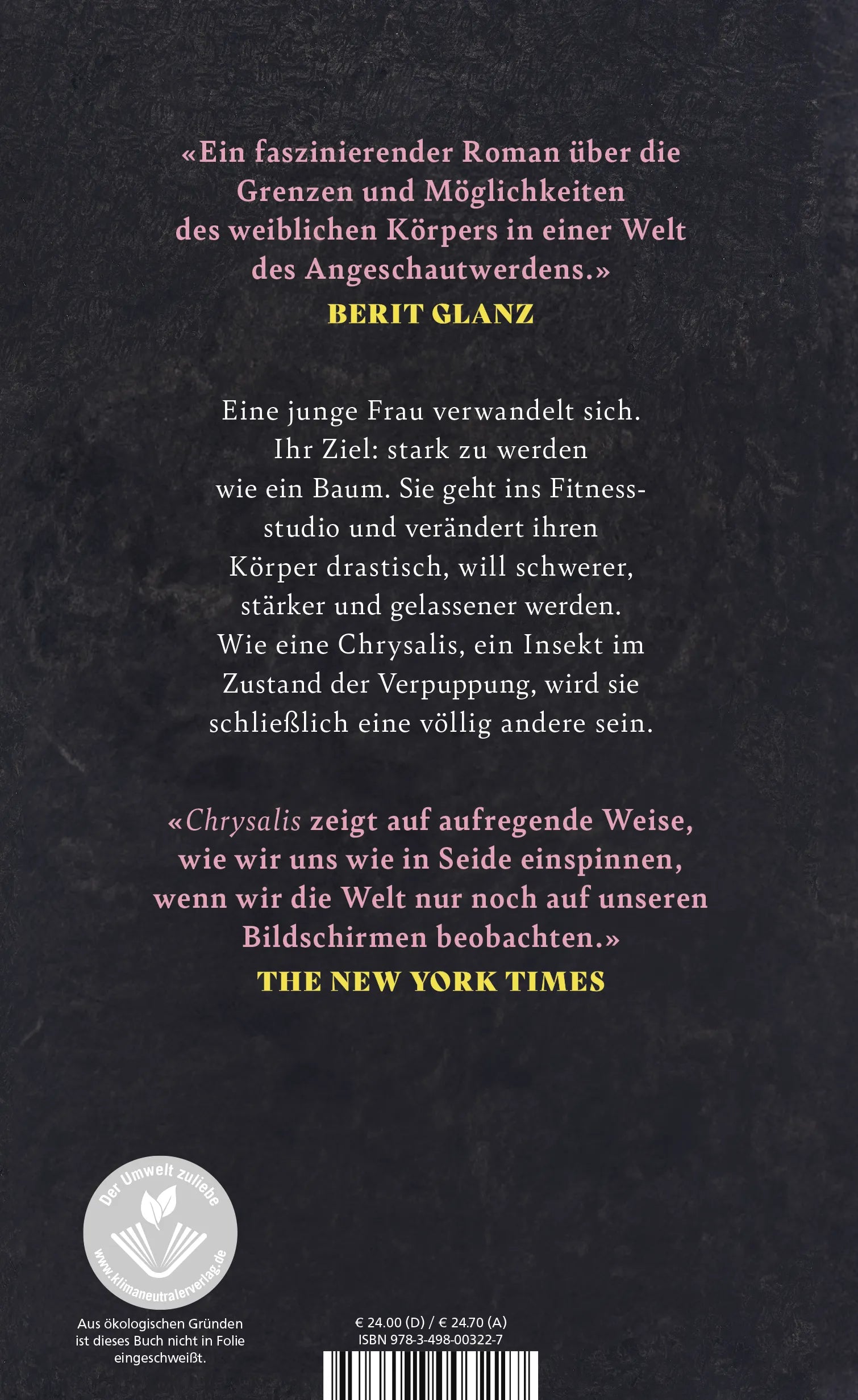 Buchrückseite von 'Chrysalis' mit Klappentext - Gebundene Ausgabe