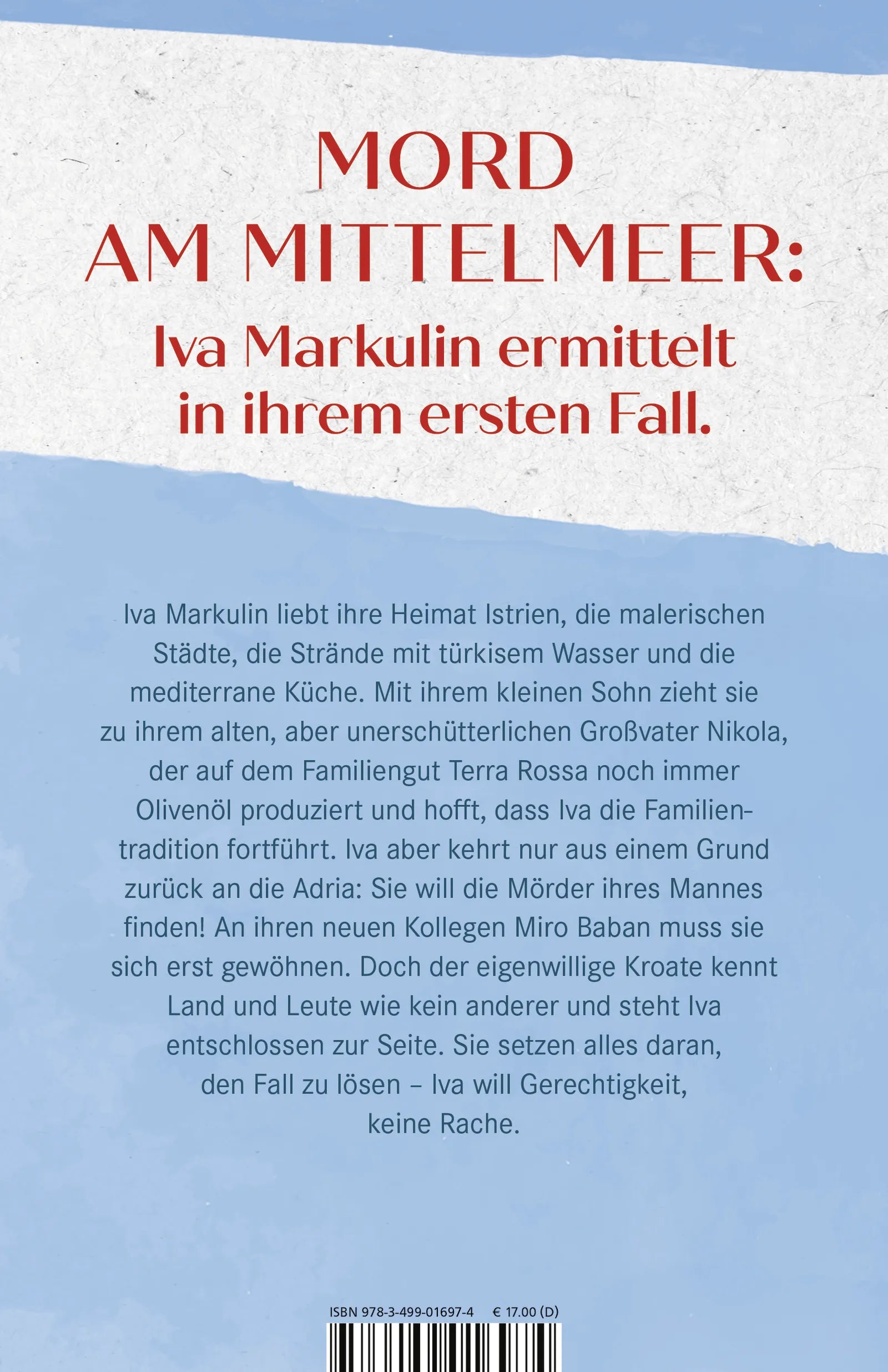 Buchrückseite von 'Commissaria Iva Markulin und Die Schatten über der Adria' mit Klappentext - Paperback
